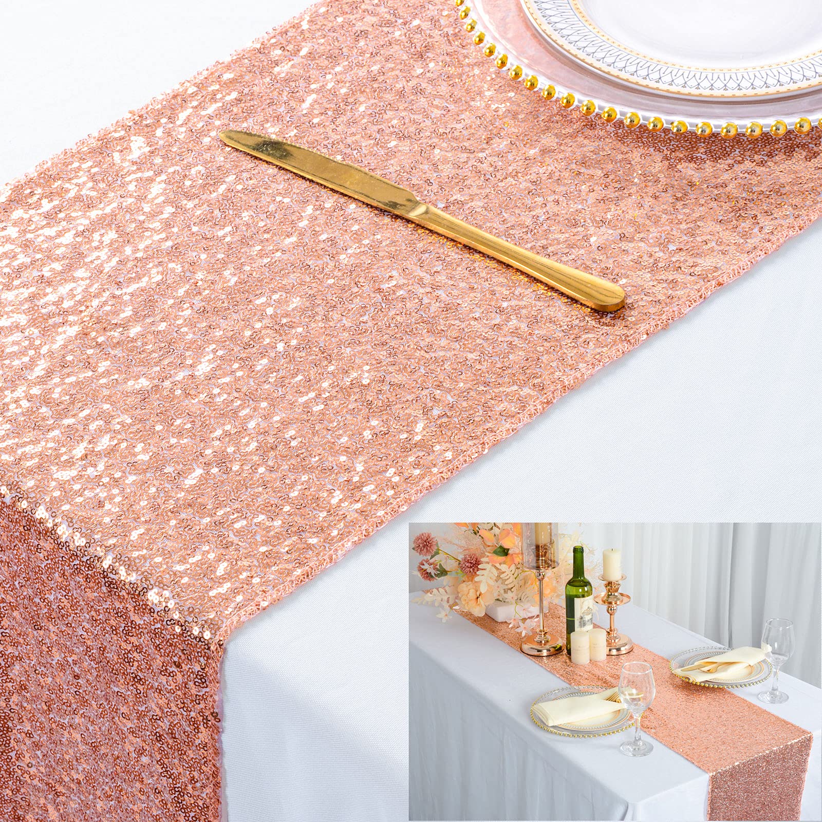 ShinyBeauty Rose Gold Sequin Table Runner 12