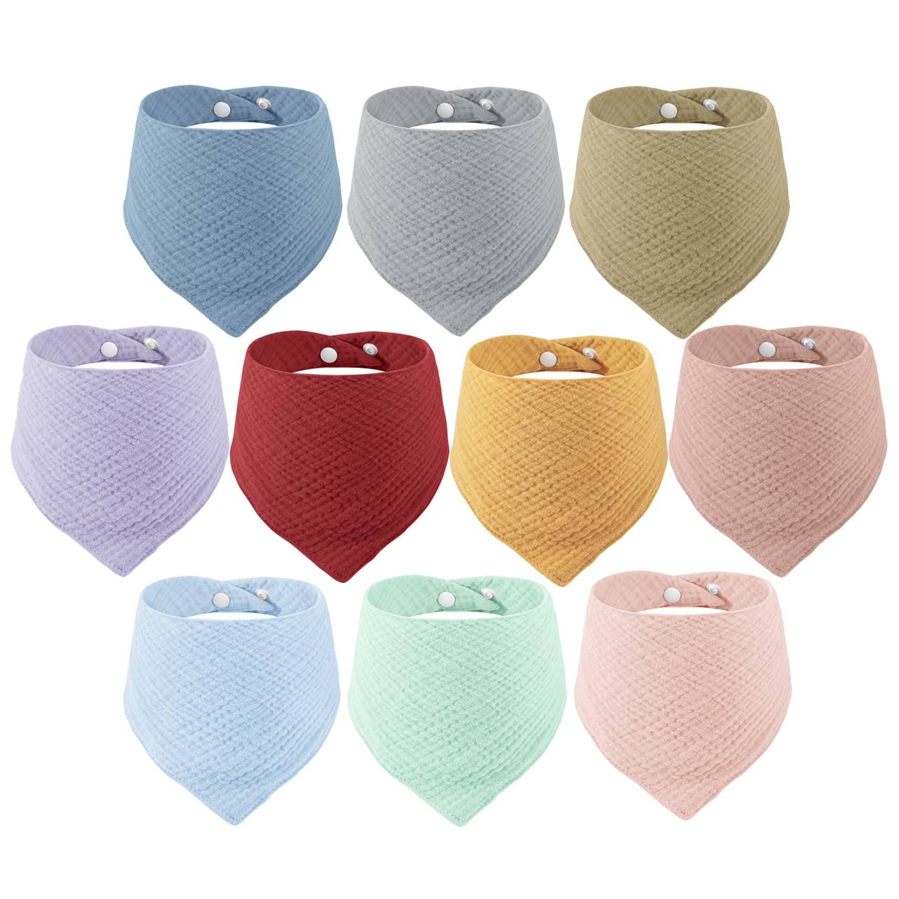 PandaEar 10 Pack 100% Cotton Muslin Baby Bandana Bibs for Newborns - Soft Absorbent Drool Bibs for Boys & Girls (10 Colors) - Perfect for Teething, Feeding & Everyday Use