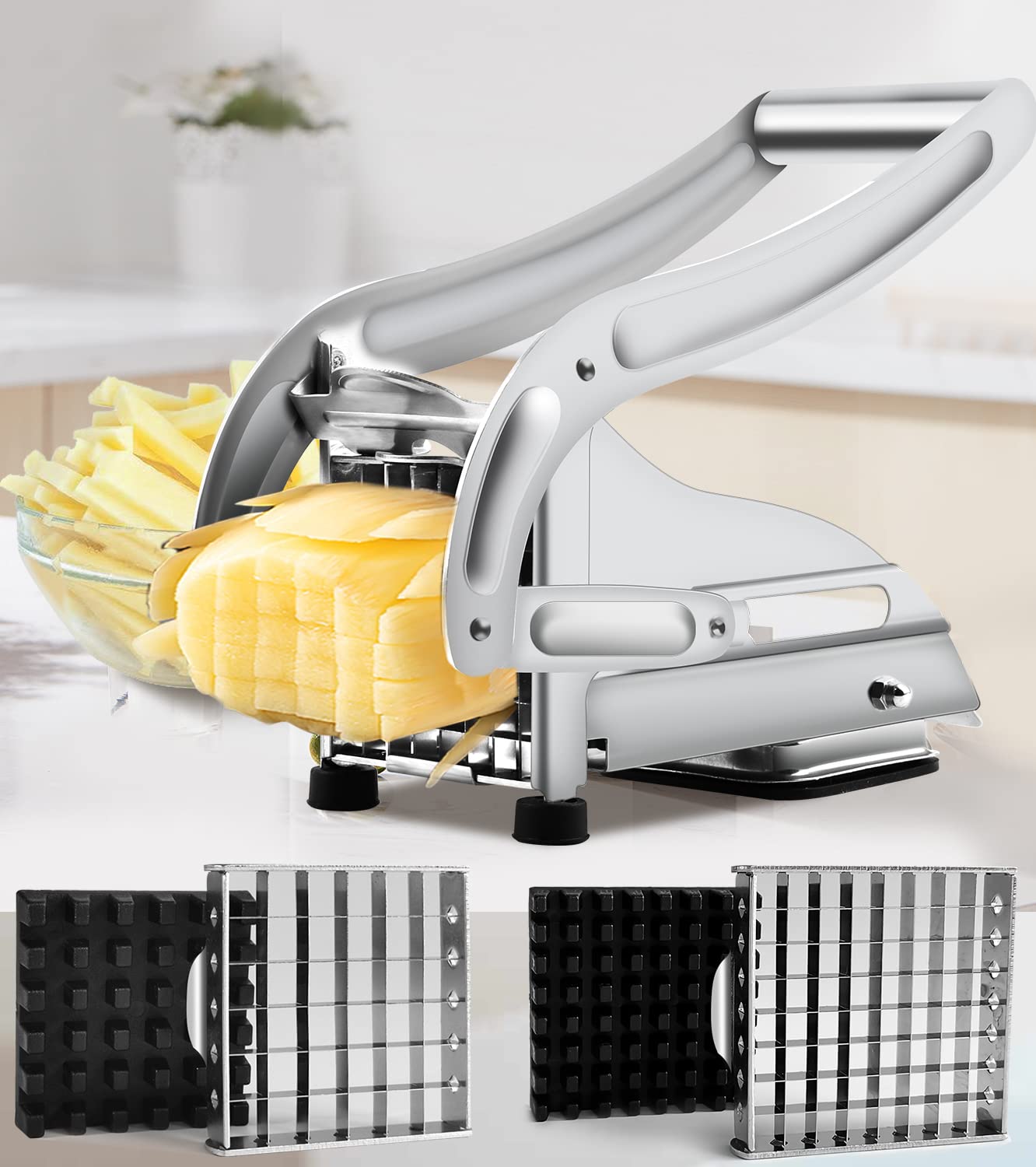 Professional Stainless Steel French Fry Cutter with 2 Blades - Heavy Duty Potato Slicer for Perfect Homemade Fries - Ideal for Restaurants, Home Kitchens & Fast Food Prep
