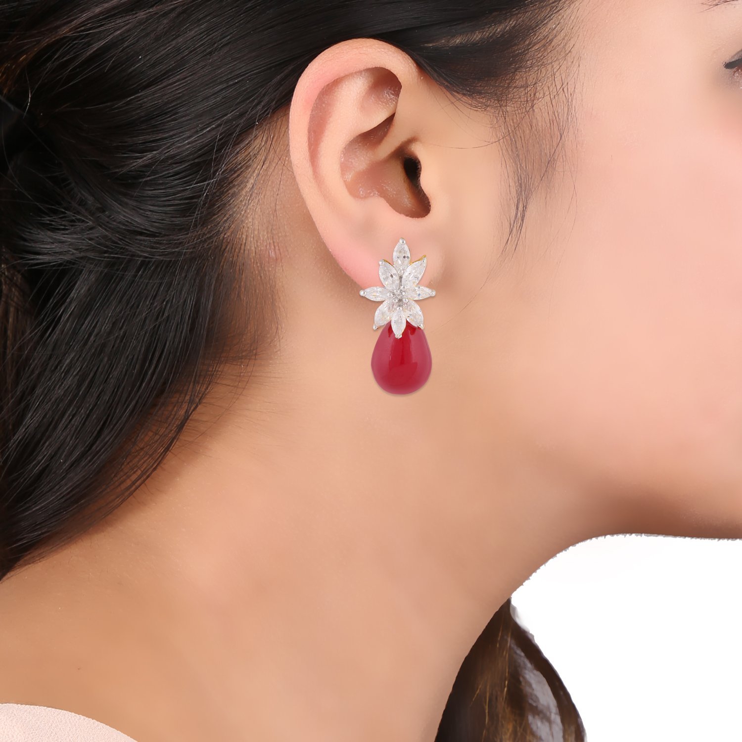 Zircon Floral Stud Statement Earrings for Women - Elegant Red Crystal Flower Dangle Earrings | Perfect for Parties, Weddings & Date Nights