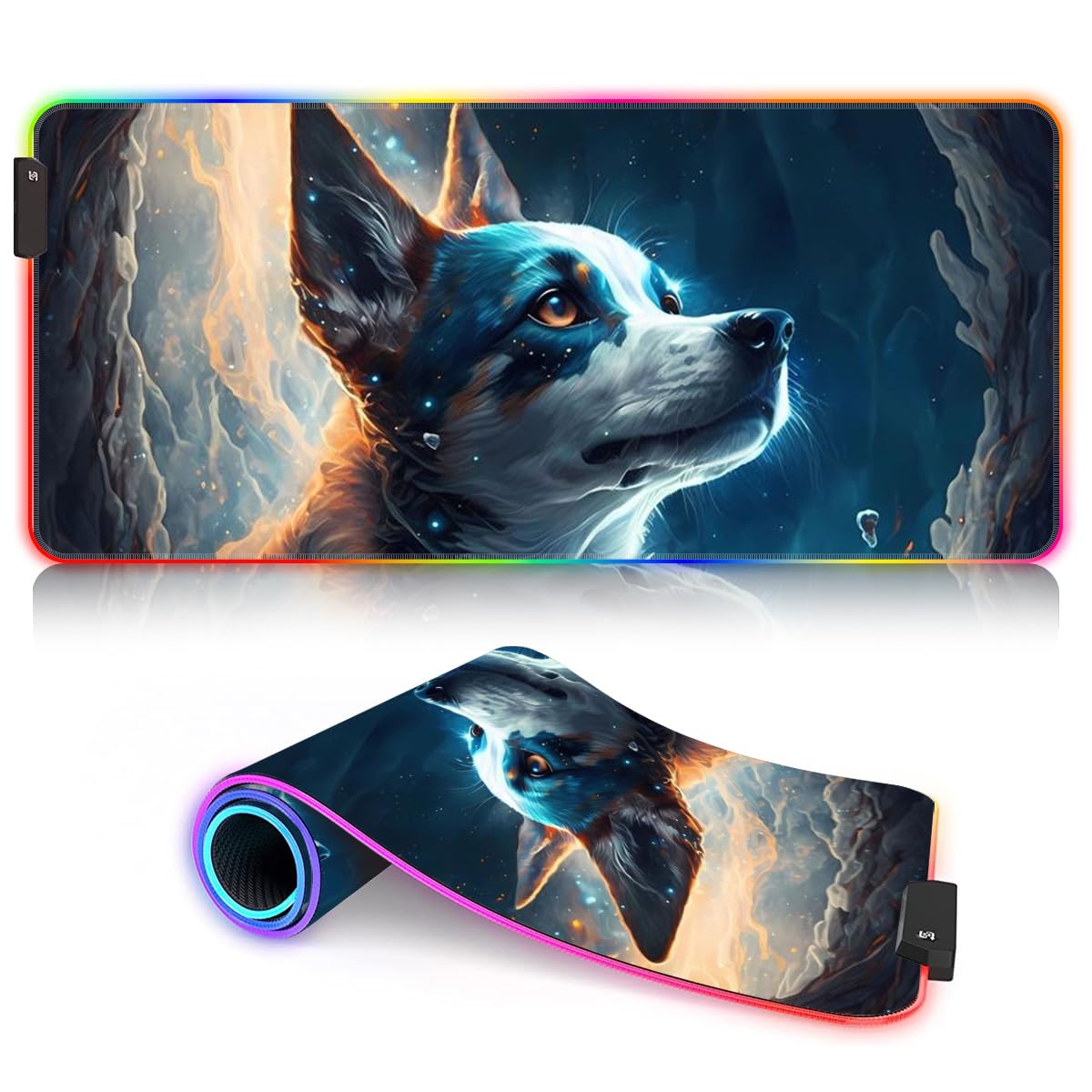 HEYCE LED Extended Gaming Mouse Pad with Jack Russell Terrier Design - Large 60x35x0.3cm RGB Mouse Mat for PC, Laptop, Office Desk - Perfect for Gaming, Work & Home Office Setup