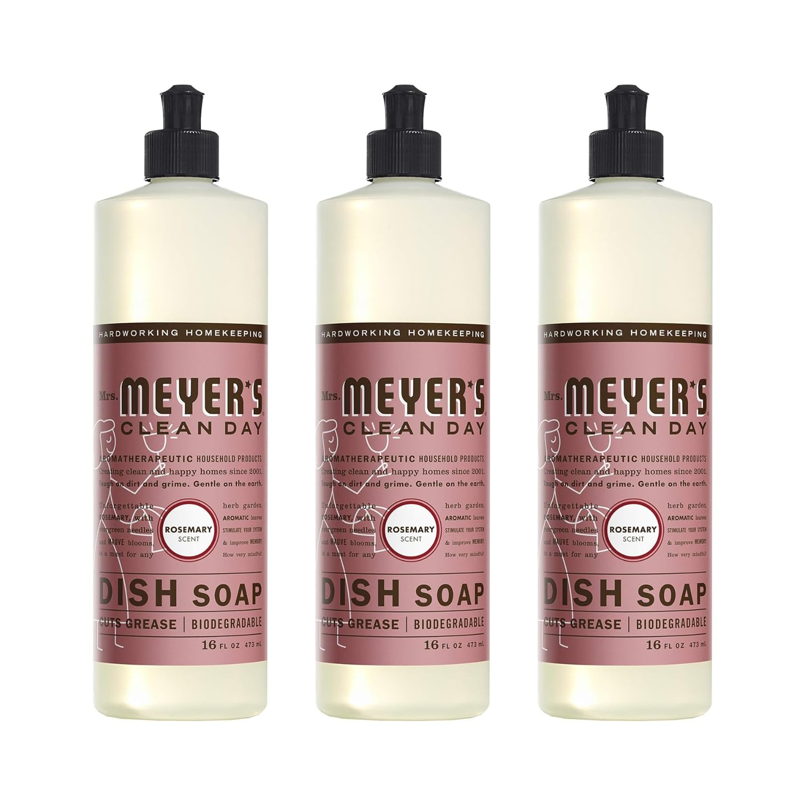 Mrs. Meyer's Clean Day Liquid Dish Soap - Rosemary Scent, 16 oz (Pack of 3) | Plant-Based Dishwashing Liquid for Greasy Pans & Delicate Glassware | Kitchen, Camping & RV Use