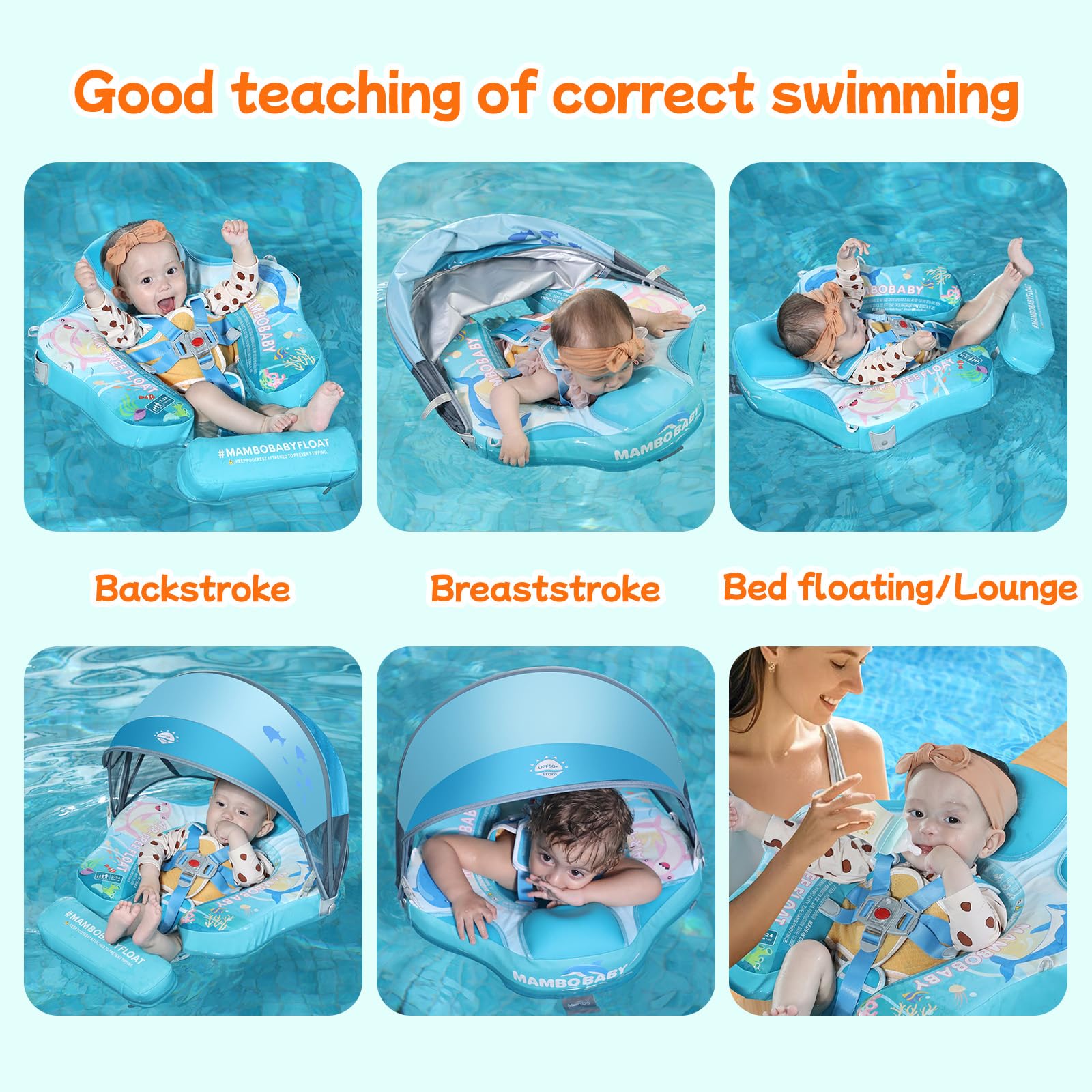 Mambobaby Baby Swim Float with Canopy & Portable Backpack - Skin-Friendly Non-Inflatable Infant Pool Float for 3-24 Months - Waterproof Smart Swim Trainer with Tail - Perfect for Beach, Pool, and Outdoor Water Activities