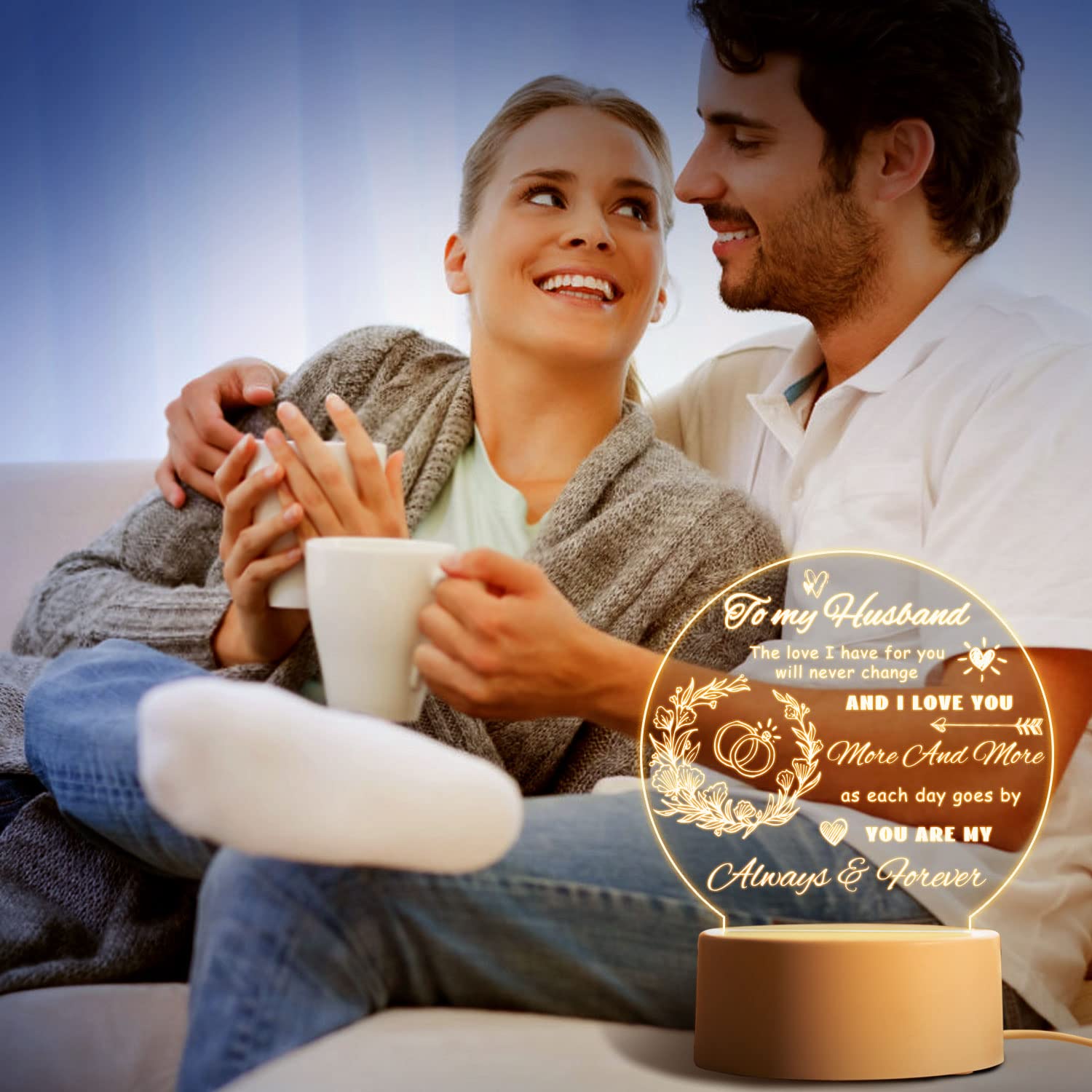 Romantic Acrylic Night Light for Husband - Personalized Wedding Anniversary, Birthday & Engagement Gift Idea from Wife | Valentine's Day Present for Him | Bedroom Decor & Romantic Atmosphere Creator