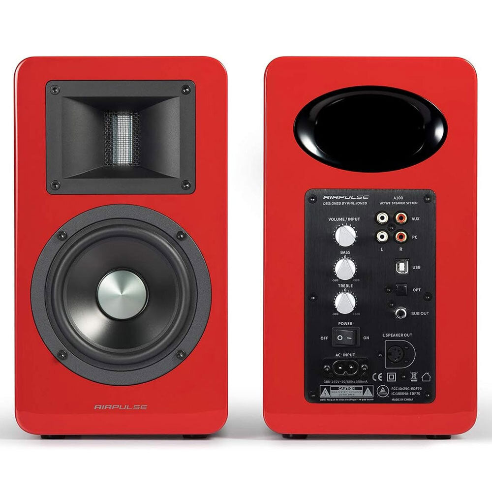 Airpulse A100 Wireless Active Bookshelf Speakers - HiFi Bluetooth 5.0, 24-bit/192kHz DAC, 2-Way Bass Reflex (Red) - Perfect for Home Theater, Gaming & Music Listening