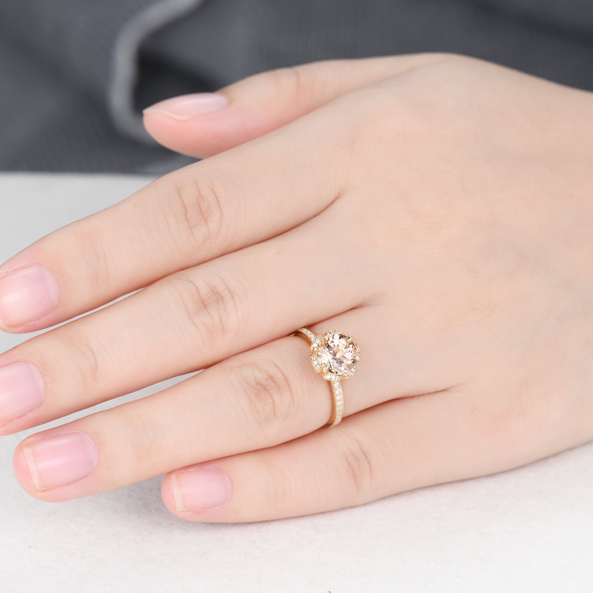 7mm Round Cut Natural Morganite Engagement Ring with Diamond Hidden Halo - Elegant Floral Crown Design for Wedding, Proposal & Anniversary Gifts
