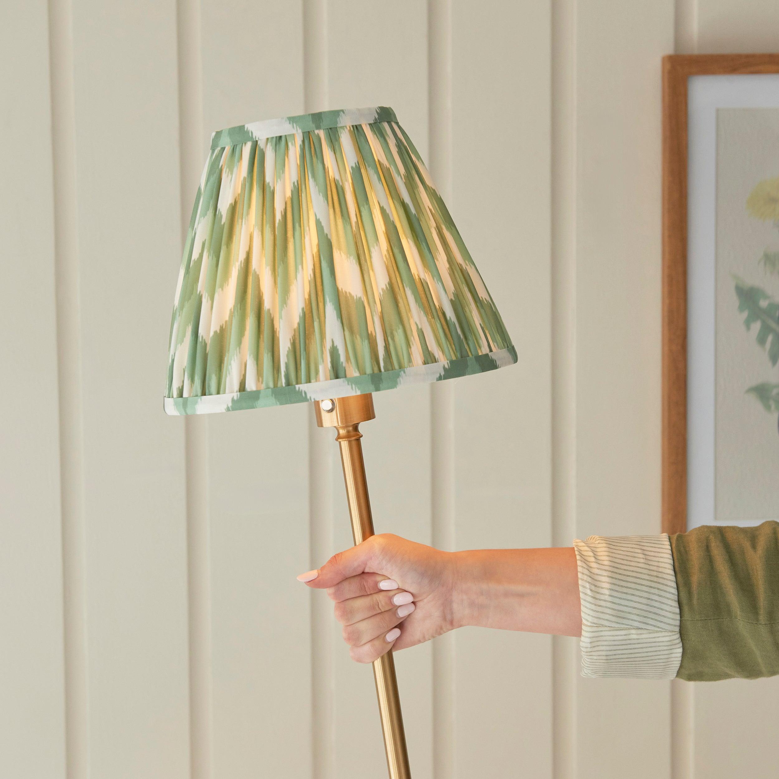 Burley Rechargeable Brass Floor Lamp with 25cm Zigzag Cotswold Green Shade - Modern Lighting for Living Room, Bedroom & Office Decor