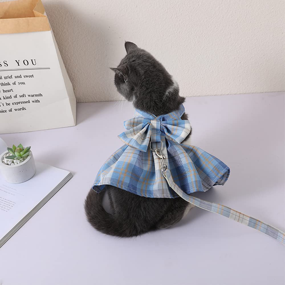 Tikwek Plaid Dog Dress with Bow Tie, Harness & Leash Set - Cute Puppy Skirt Outfit for Small Dogs (Blue, Large) | Perfect for Pet Parties, Photo Shoots & Daily Walks