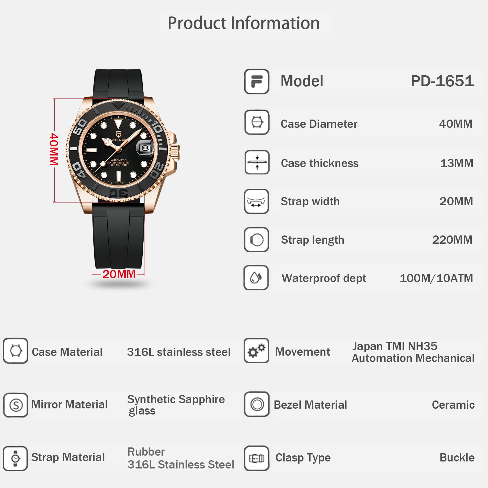 Pagani Design Automatic Men's Watch NH35 Mechanical 100M Waterproof for Yachting & Diving