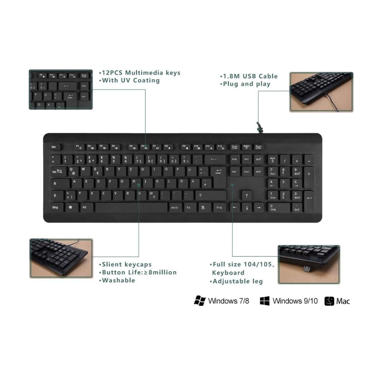Waterproof USB Keyboard for HP ProBook x360 11 G5 EE - Washable, Spill-Resistant, AquaProof Design - Perfect for Office, School & Outdoor Use (Jet Black)