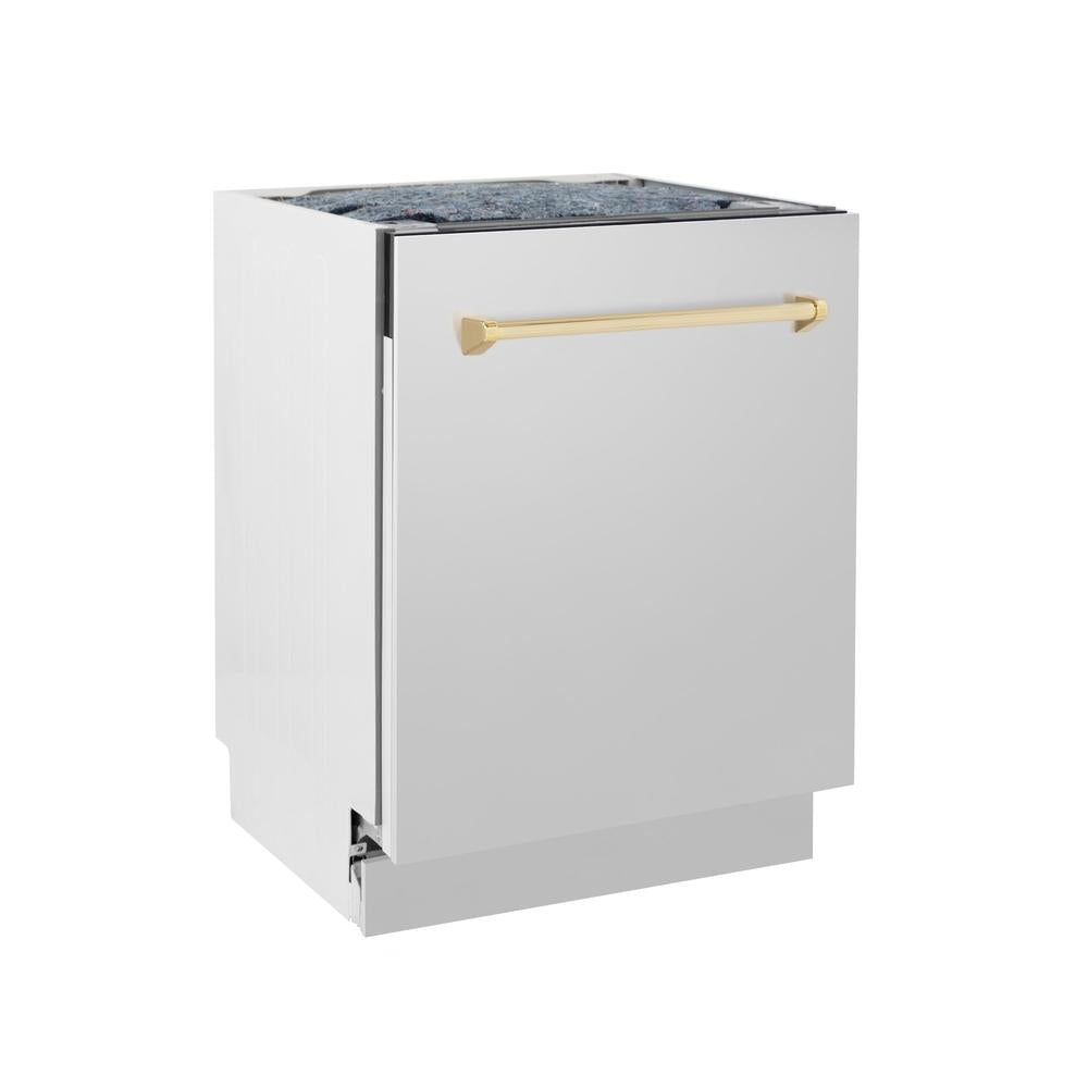 ZLINE Autograph Edition 24 Inch Stainless Steel Dishwasher with Polished Gold Handle - 3rd Rack, Top Control, Tall Tub Design, Ultra Quiet 51dBa (DWVZ 304 24 G) - Perfect for Modern Kitchens and Open-Concept Homes