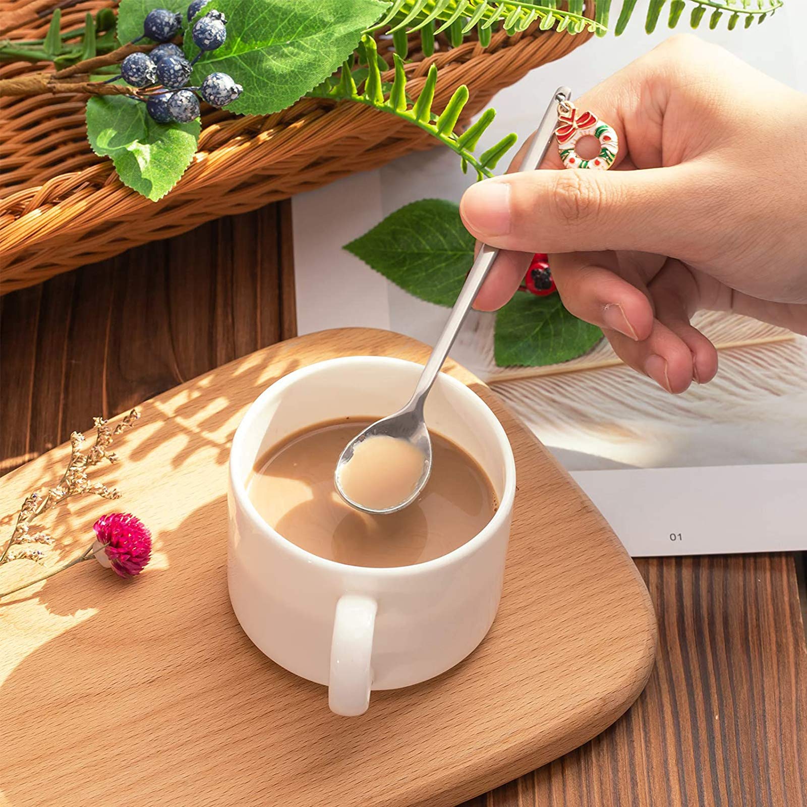ARFIOWWY 6-Piece Stainless Steel Christmas Spoons Set with Gift Box - Tea & Coffee Stirring Spoons with Festive Pendant for Holiday Parties, Xmas Tableware Decor (Silver) | Perfect for Christmas Celebrations, Hot Beverage Serving, and Festive Table Setting