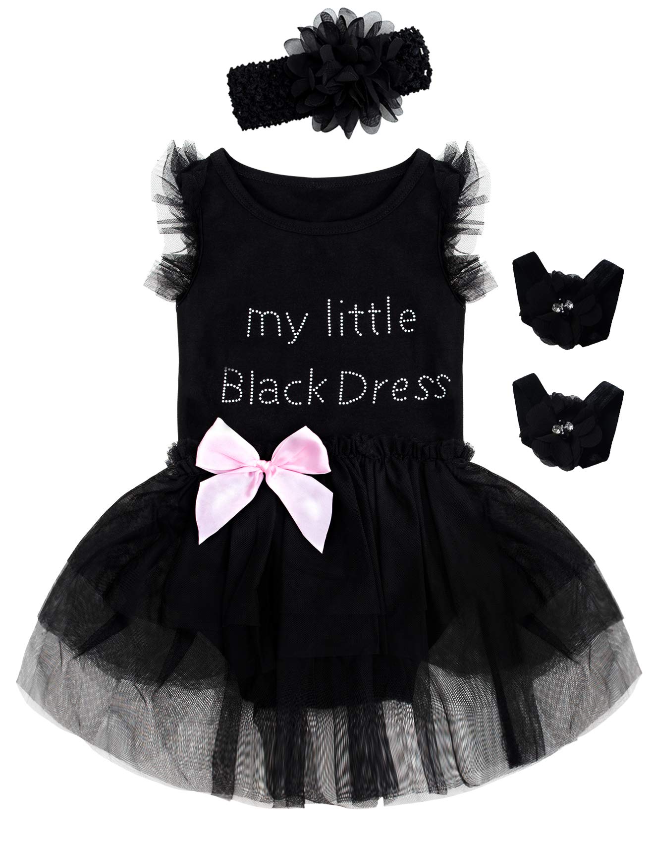 3-Piece Newborn Baby Girl Outfit - Lace Tutu Black Dress, Summer Bodysuit & Headband Set | Perfect for Photoshoots, Birthday Parties & Special Occasions