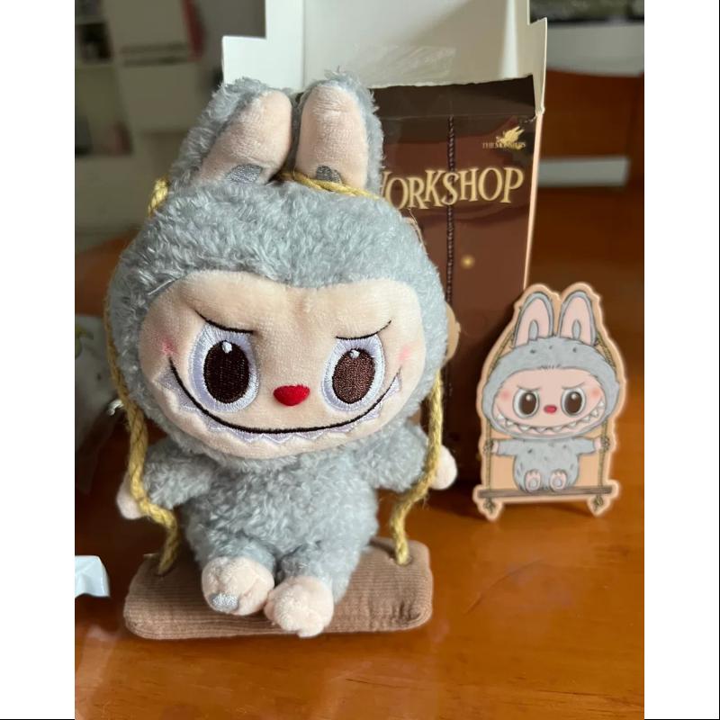 Labubu POP LAND TIMBER WORKSHOP Playing on The Swing Plush Pendant - Grey Collectible Toy for Anime Fans | Perfect for Home Decor, Gift Giving & Kawaii Collection