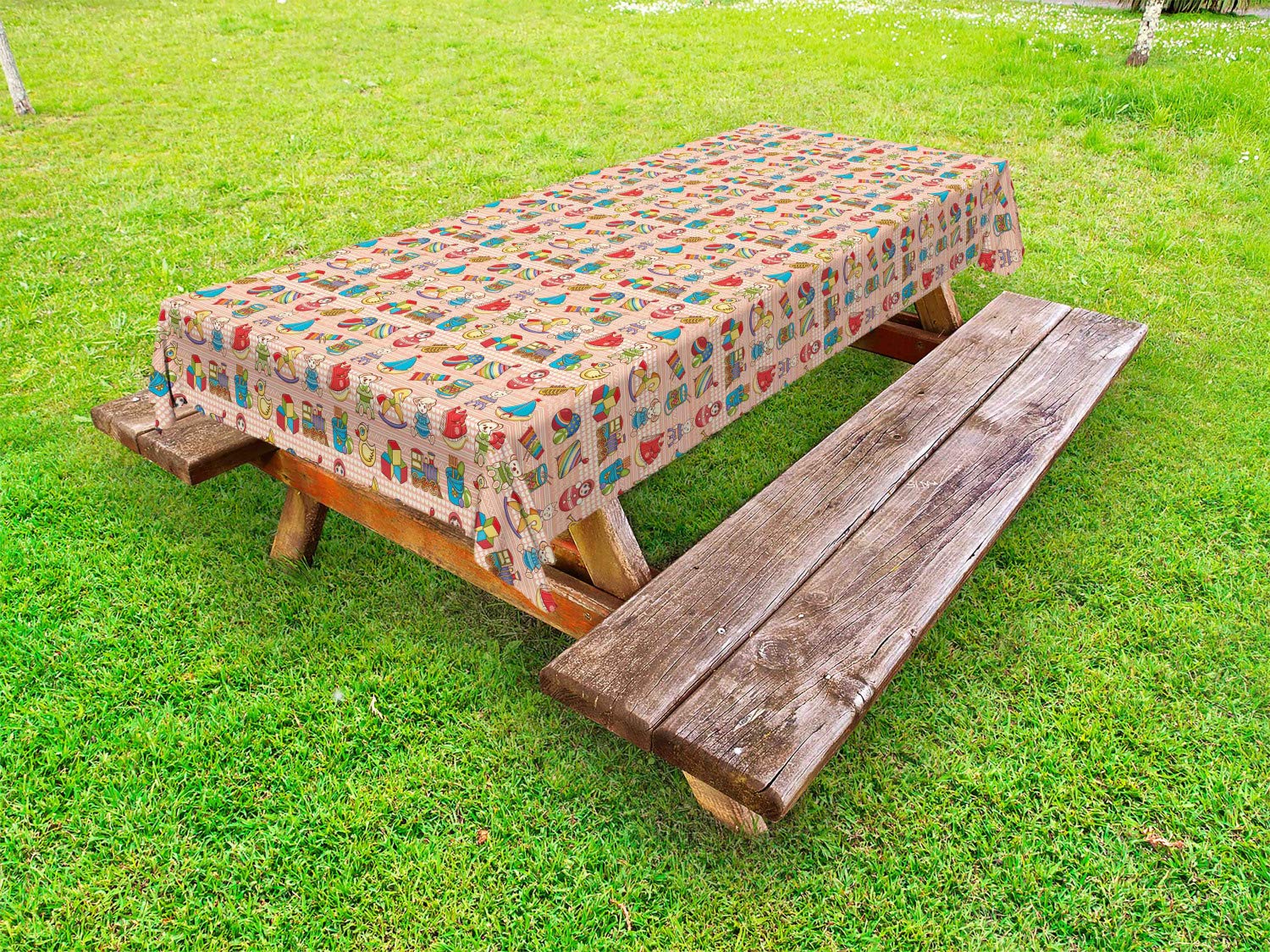 Ambesonne Duck Outdoor Tablecloth - Waterproof Picnic Table Cover with Cute Cartoon Teddy Bears, Rubber Ducks & Trains Print - 58