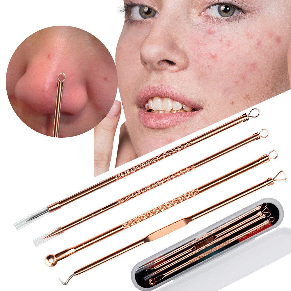 Vitalogy 4-in-1 Blackhead Remover Kit - Professional Acne & Pimple Extractor Tool for Nose & Face - Includes Blackhead & Whitehead Removal Tools, Tweezers & Travel Case (Rose Gold) - Perfect for Travel & At-Home Skincare Routine