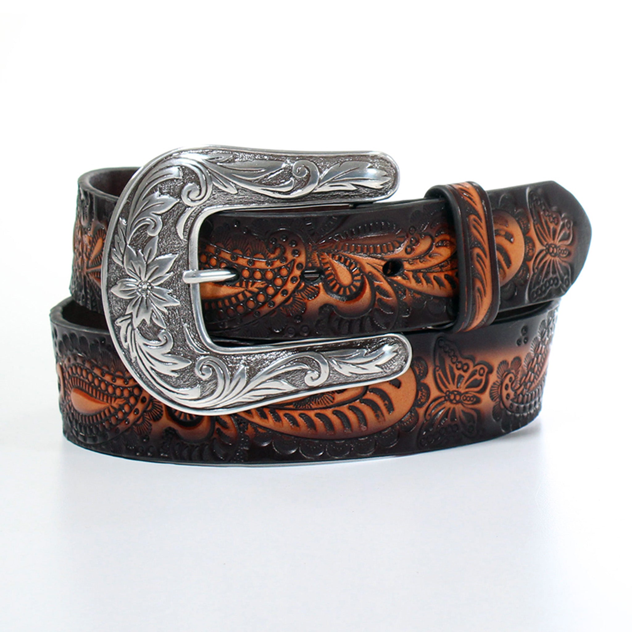 Angel Ranch Women's Hand Tooled Brown Floral Leather Belt - Western Style Cowgirl Accessory for Jeans, Dresses & Country Outfits