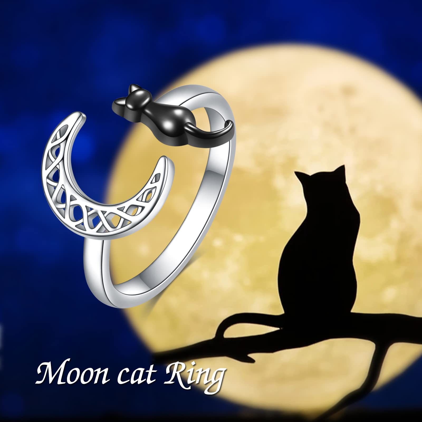 Sterling Silver Black Cat Celtic Moon Ring for Women - Elegant Zodiac Jewelry Gift for Cat Lovers, Birthday & Anniversary Present (Size 7) | Perfect for Everyday Wear, Date Nights & Special Occasions