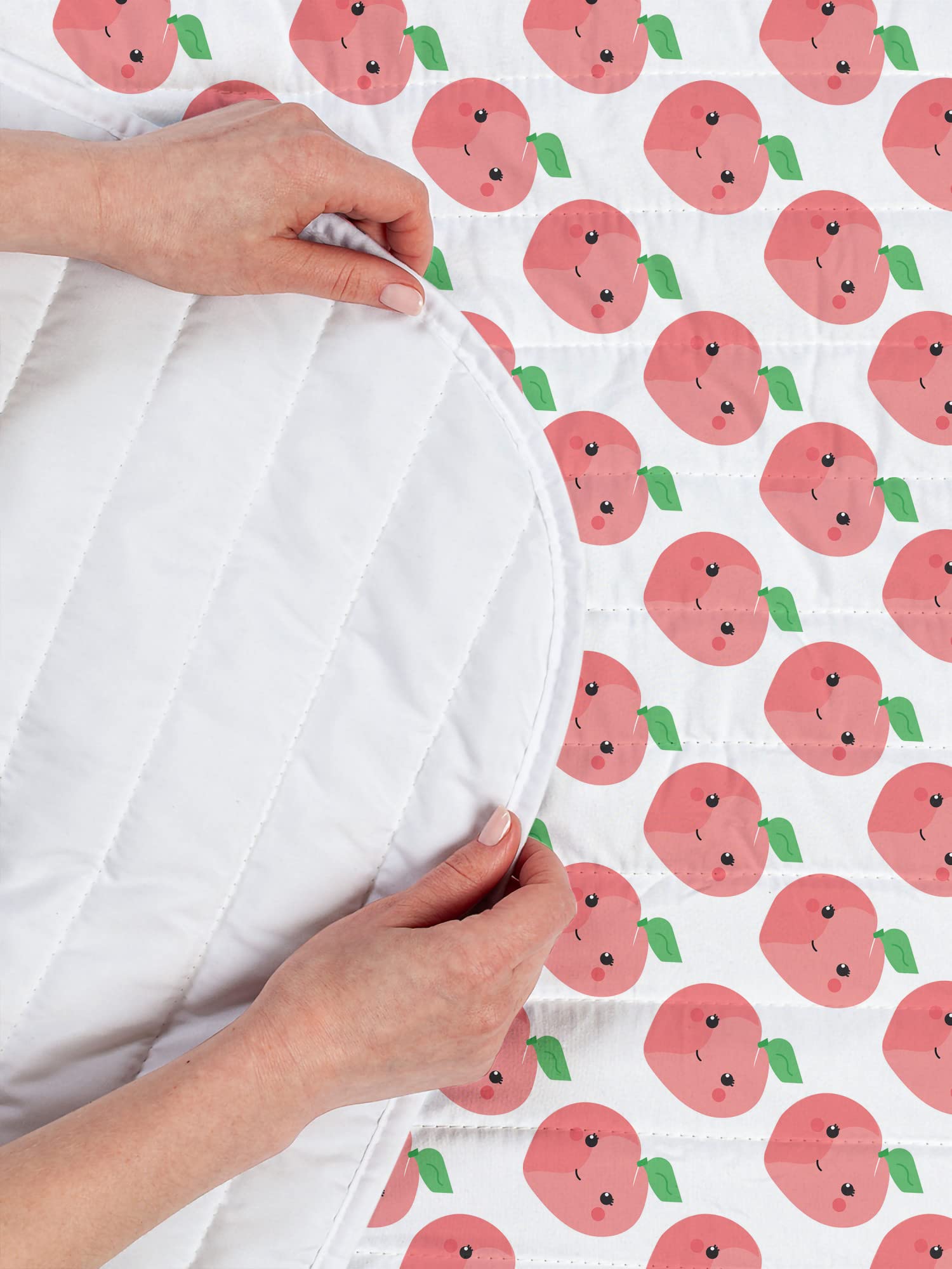 Ambesonne Peach Microfiber Bedspread Set - Kawaii Style Fruit Pattern with Smiling Faces, Soft Queen Size Comforter & Pillow Shams in Pastel Pink White Green - Perfect for Kids' Rooms, Dorm Decor & Anime Themed Bedrooms
