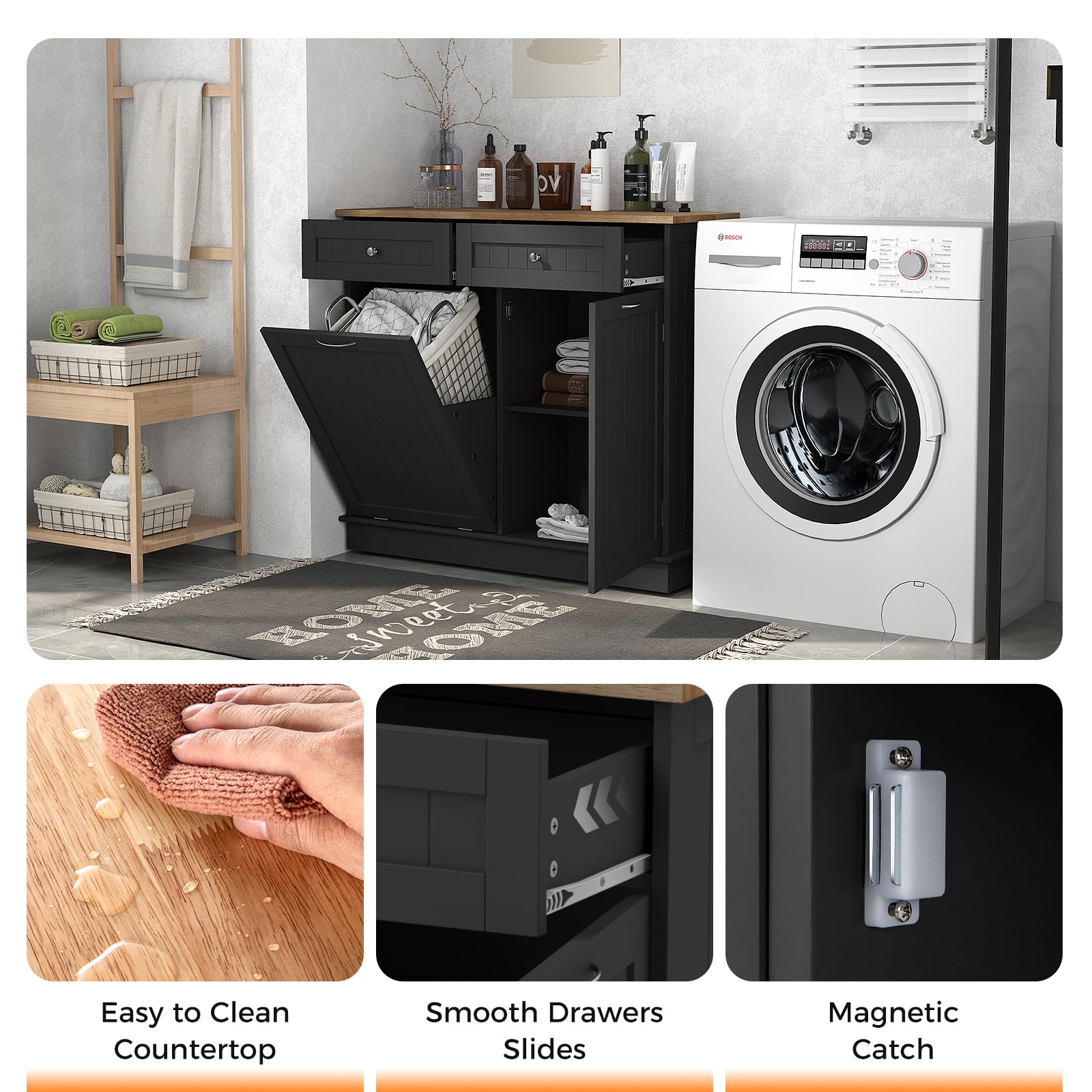 Freestanding Tilt-Out Trash Cabinet with 2 Drawers & Adjustable Shelf - Rubber Wood Countertop Kitchen Island Organizer, Laundry Hamper & Pet-Proof Recycle Bin Holder (Black) - Perfect for Small Kitchens, Laundry Rooms & Pet-Friendly Homes