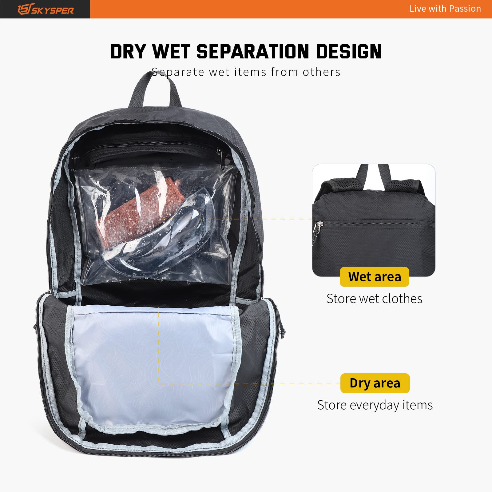 SKYSPER 30L Lightweight Packable Hiking Backpack - Waterproof Wet Pocket Foldable Daypack for Travel, Camping & Outdoor Activities - Perfect Carry-on Backpack for Women & Men