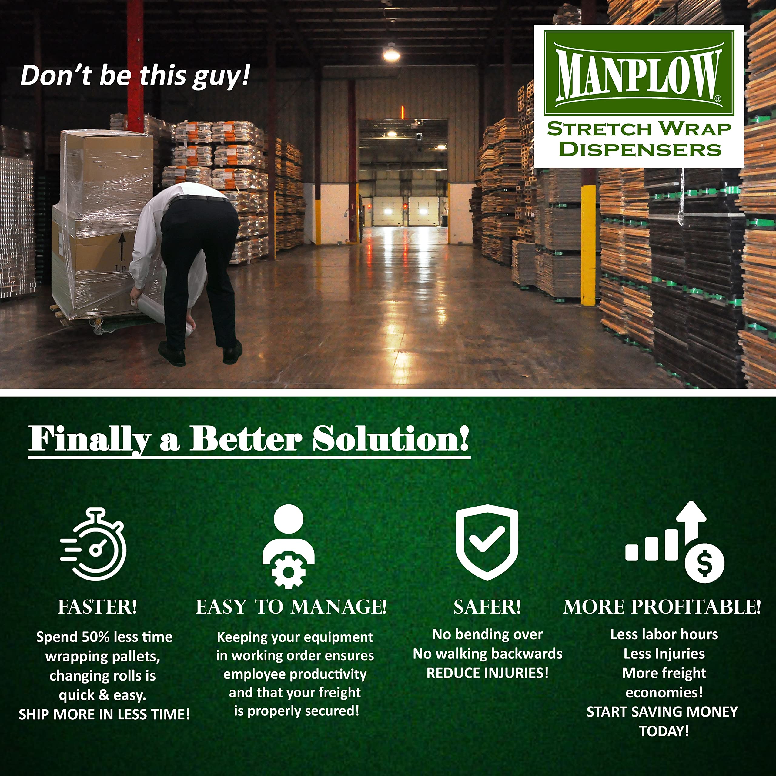 MANPLOW Long Handle Stretch Wrap Dispenser SWD3400 - Heavy Duty Pallet Wrapping Tool for Warehouse, Shipping & Moving - Ergonomic Design Saves Time & Effort