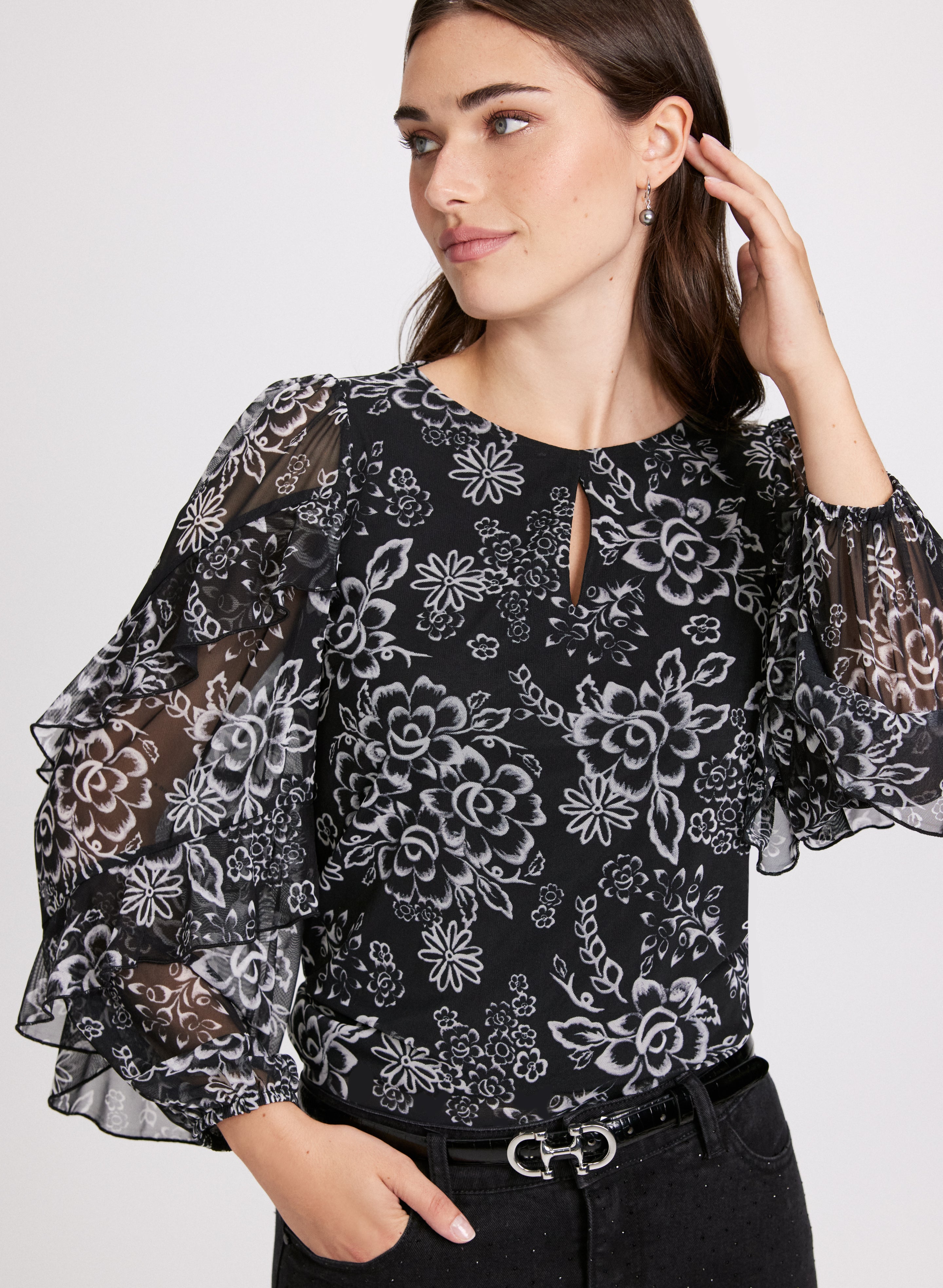 Floral Print Keyhole Blouse for Women - Elegant V-Neck Summer Top with Ruffle Sleeves | Perfect for Office, Date Night & Casual Outings
