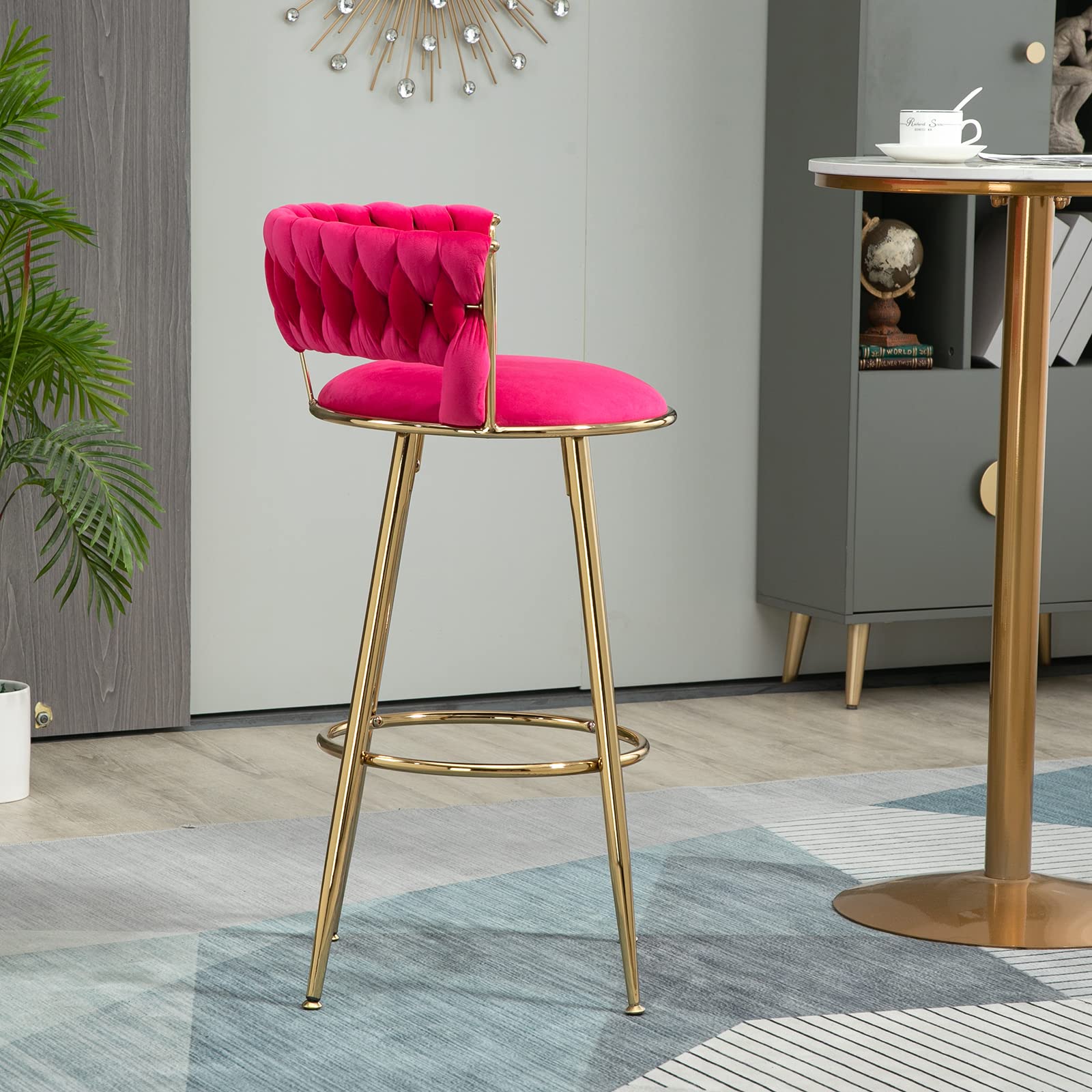 HomVent Velvet Barstools with Sponge Filled Braided Back & Footrest - Luxury Gold Leg Bar Stools for Kitchen Island, Breakfast Nook & Home Decor