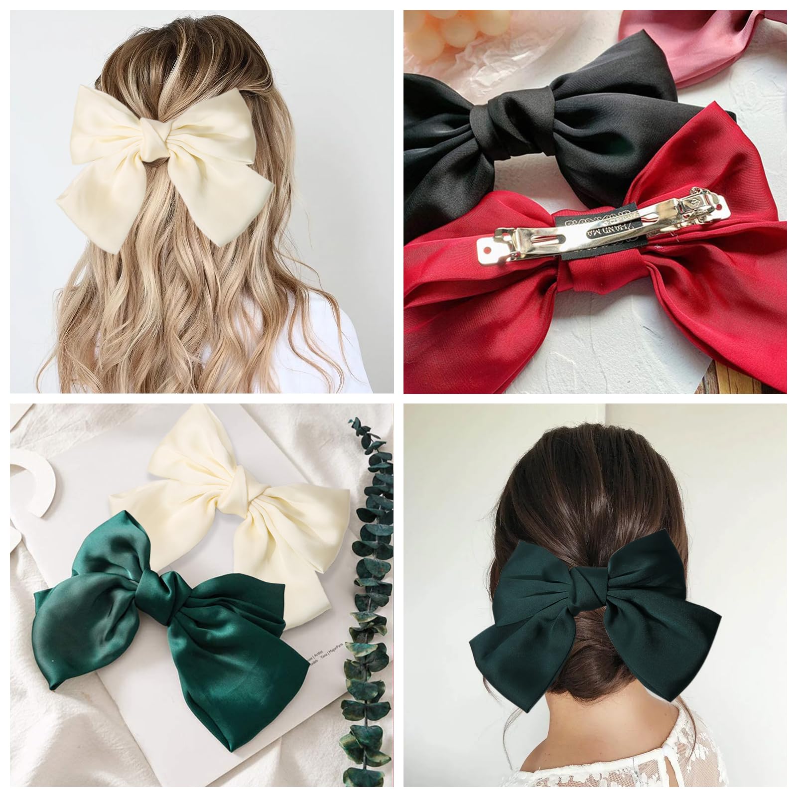 ZOCONE 4 Pack Large Women's Hair Bow Clips - Soft Satin French Style Hair Accessories in Green, Black, Red & White | Perfect for Weddings, Parties, Prom & Everyday Fashion