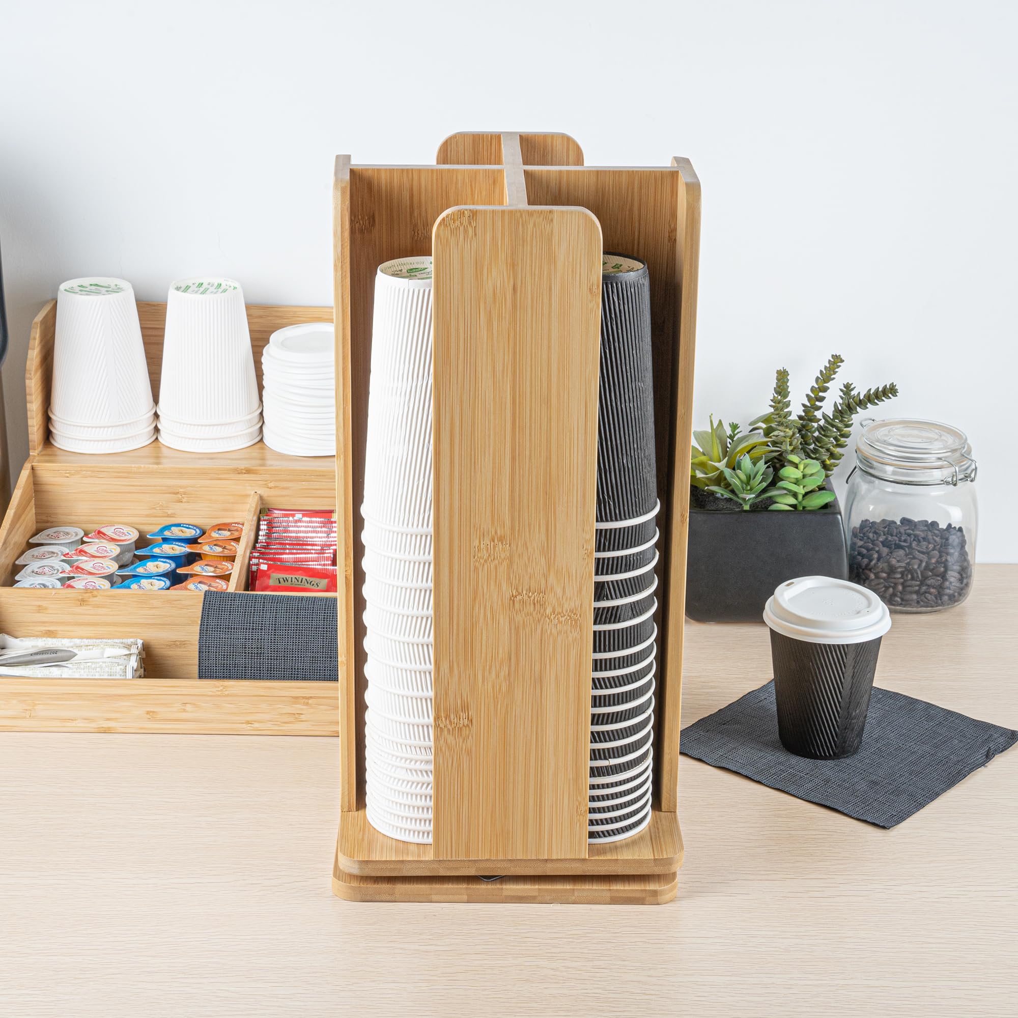 Restaurantware Restpresso 9 x 18 Inch Coffee Cup and Lid Organizer - 4-Section Revolving Bamboo Cup Holder for Restaurants, Homes & Offices | Space-Saving Countertop Solution for Coffee Shops, Break Rooms & Cafés