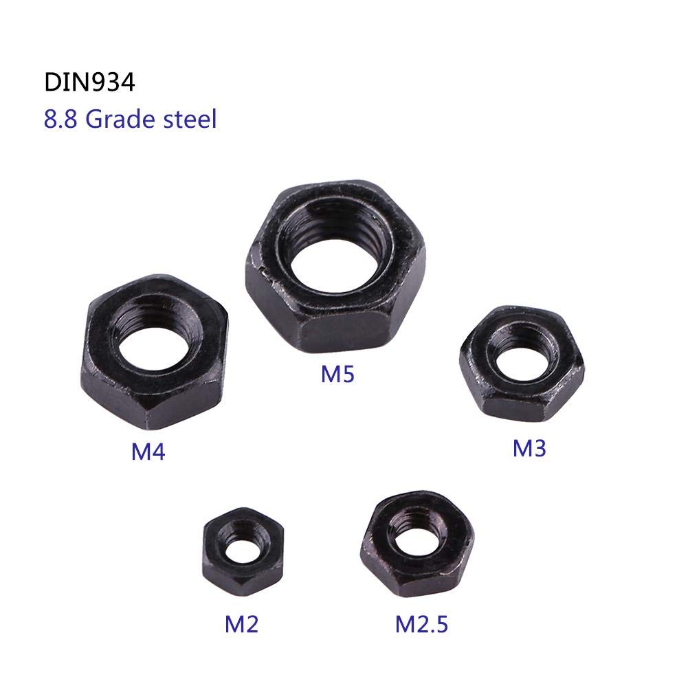 100Pcs Black Zinc Plated Hex Nuts Assortment Kit - M2 to M5 Carbon Steel Metric Thread Fasteners for DIY, Furniture & Automotive Repair (Includes Storage Box)