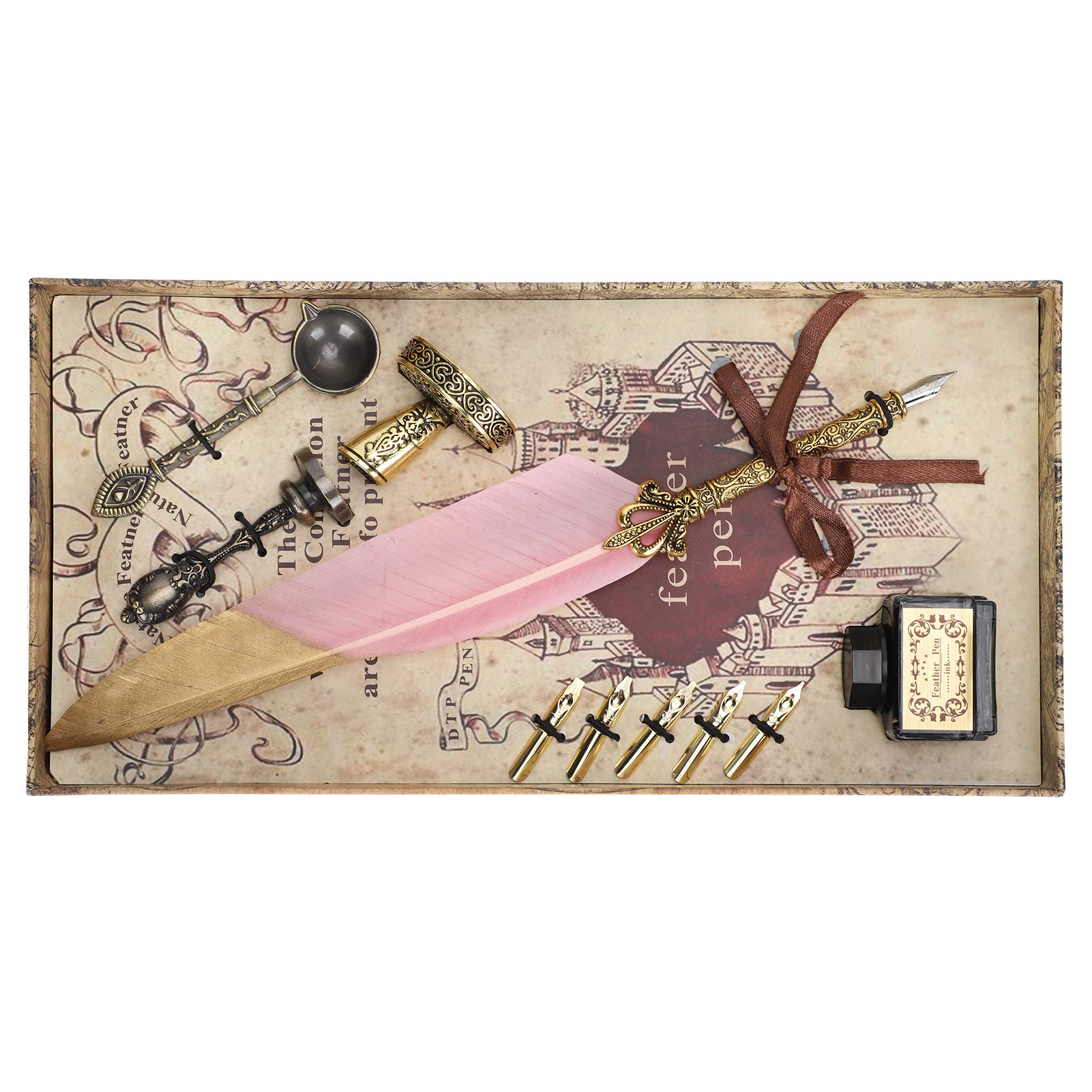 Vintage Feather Pen Set - Retro Calligraphy Dip Quill Pen with 5 Extra Nibs, Seal Stamp, Wax Melting Spoon, Pen Holder & Empty Ink Bottle (Pink) | Perfect for Wedding Invitations, Scrapbooking & Vintage Letter Writing