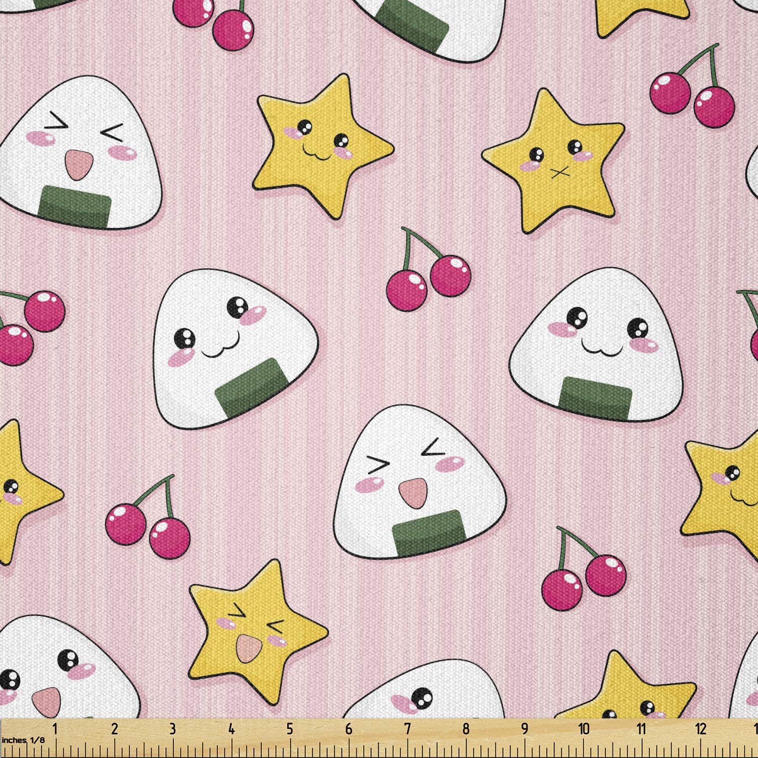 Ambesonne Japanese Kawaii Anime Fabric - 5 Yards Pink Stretch Knit Material for Sewing Clothes & DIY Crafts | Cherry Rice Ball Food Pattern | Perfect for Cosplay, Apparel Making & Home Decor Projects