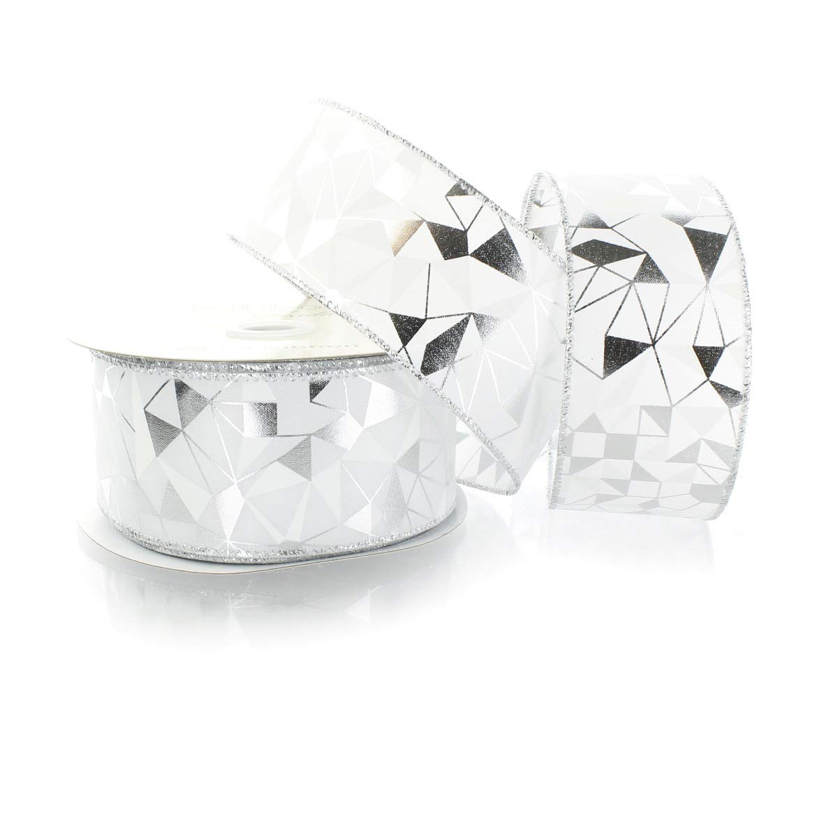 2.5 Inch Wired Ribbon White and Silver Mosaic Pattern - 25 Yards Bulk Roll for Gift Wrapping, Christmas Decorations, Wedding Bouquets & DIY Crafts