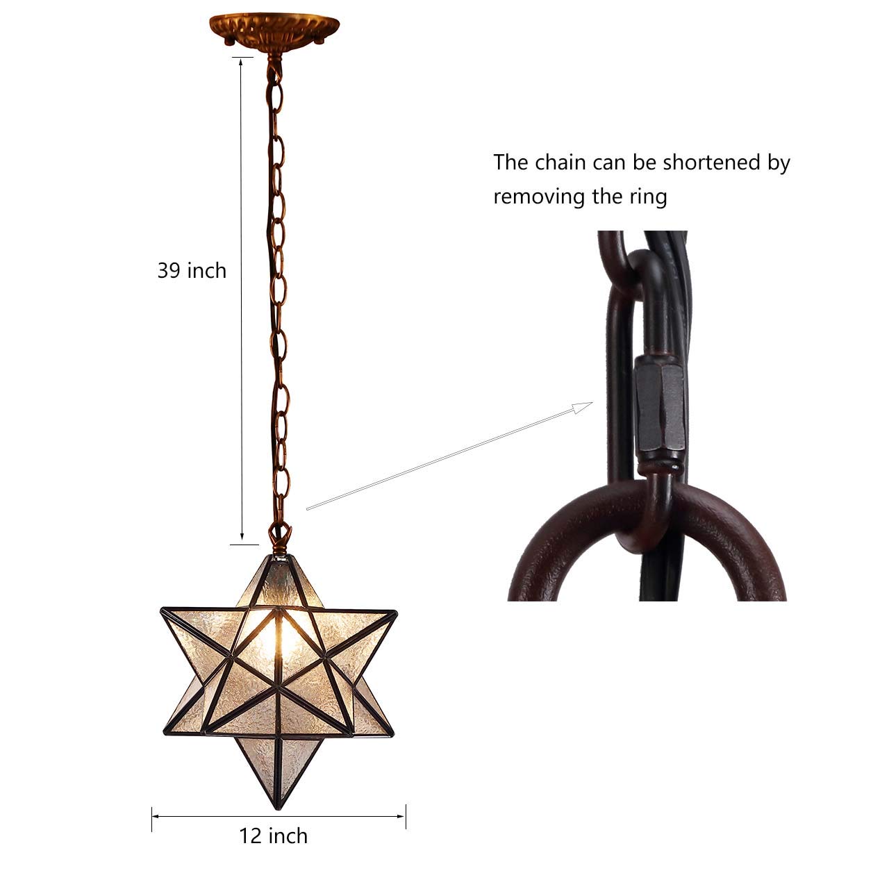 Bieye L10076 Moravian Star Tiffany Style Stained Glass Ceiling Pendant Light - 12-inch Wide Iridescent Glass Lampshade, 51-inch Tall Chain - Elegant Dining Room & Living Room Lighting Fixture