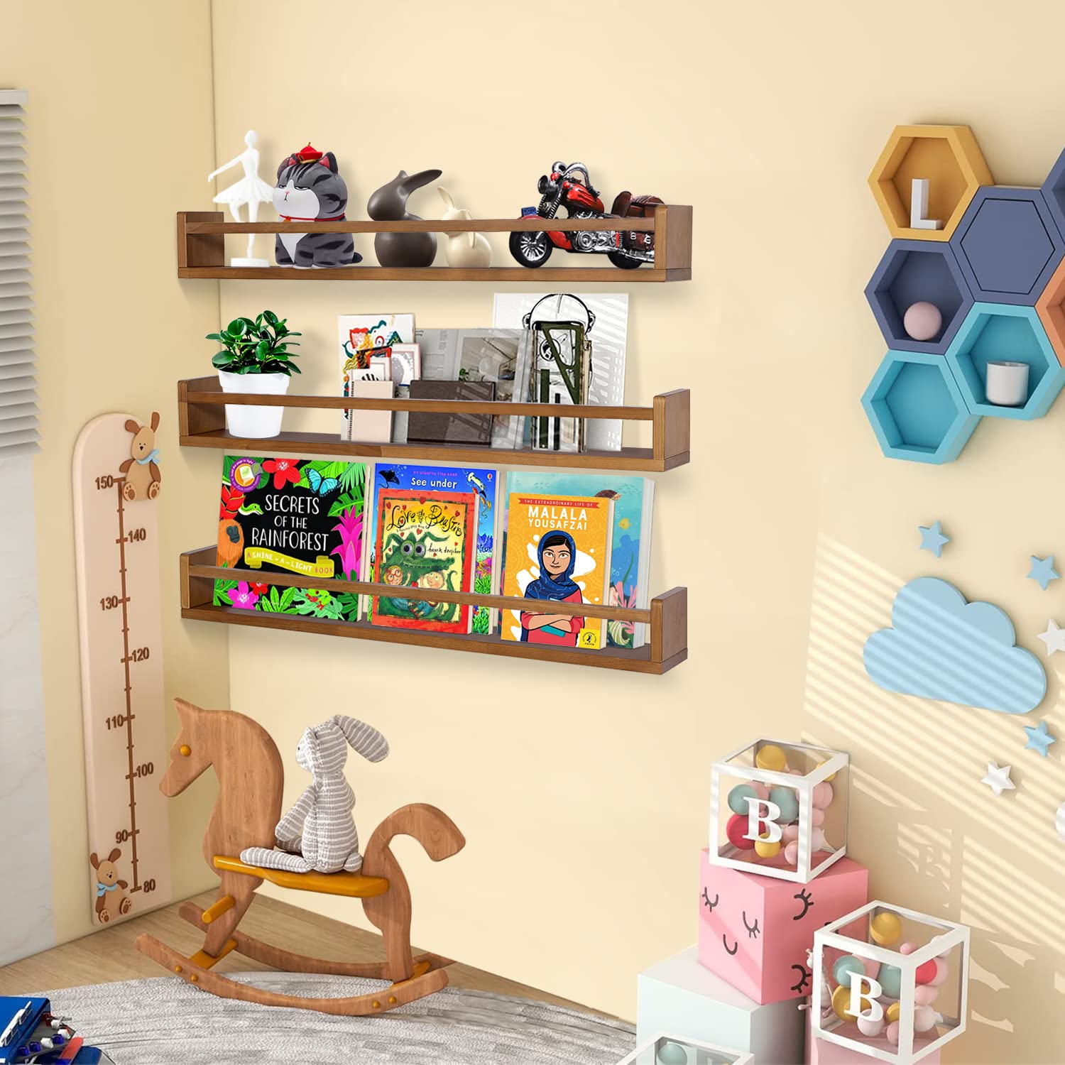 AZSKY 36 Inch Light Walnut Floating Wall Bookshelf - Set of 3 Nursery Shelves for Kids Room, Wall Mounted Book Storage Organizer for Toddler Toys & Books - Perfect for Bedroom, Playroom, and Classroom Organization