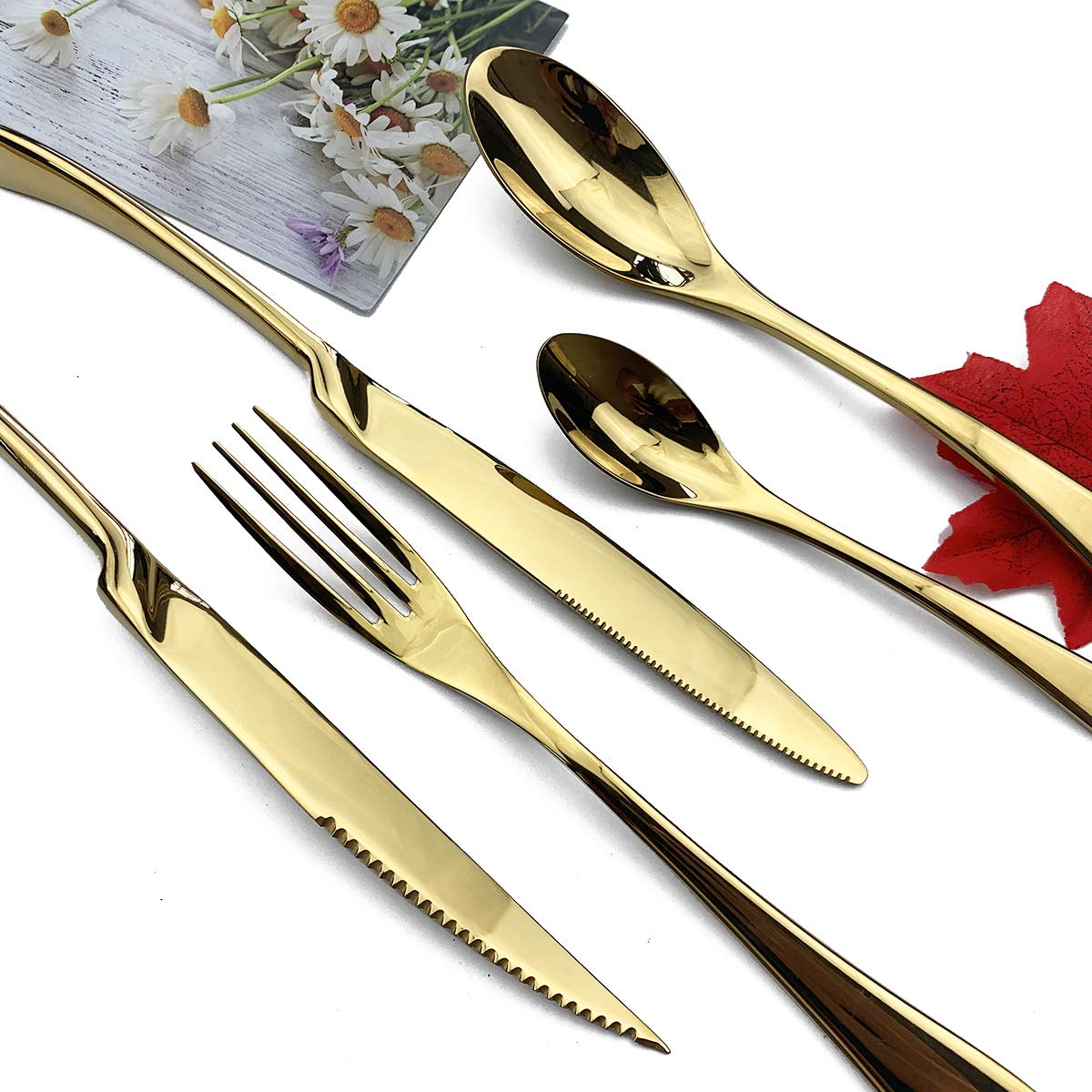 Premium JASHII Steak Knives Set - 4-Piece Stainless Steel Serrated Dinner Knives for Steak, Meat & Kitchen Use | Professional Multi-Purpose Cutlery with Ergonomic Handle (Shiny Gold) | Perfect for BBQ Parties, Fine Dining & Home Cooking