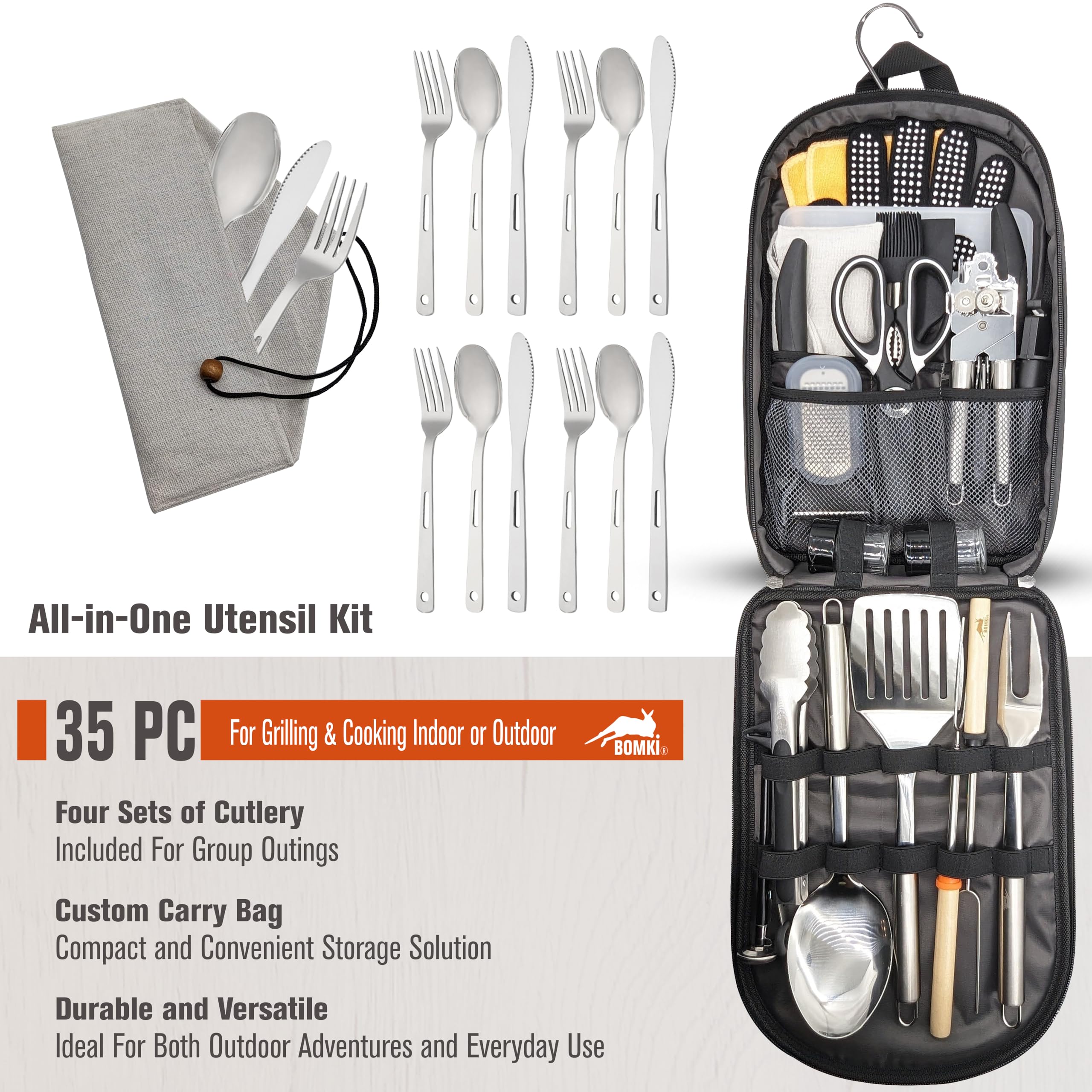 BOMKI Premium Black Pro Outdoor BBQ & Camping Cooking Utensils Set - 12-Piece Stainless Steel Grill Tools for Camping, Picnics, Backpacking & RV Trips - Essential Camp Kitchen Accessories for Grilling, Hiking & Outdoor Adventures