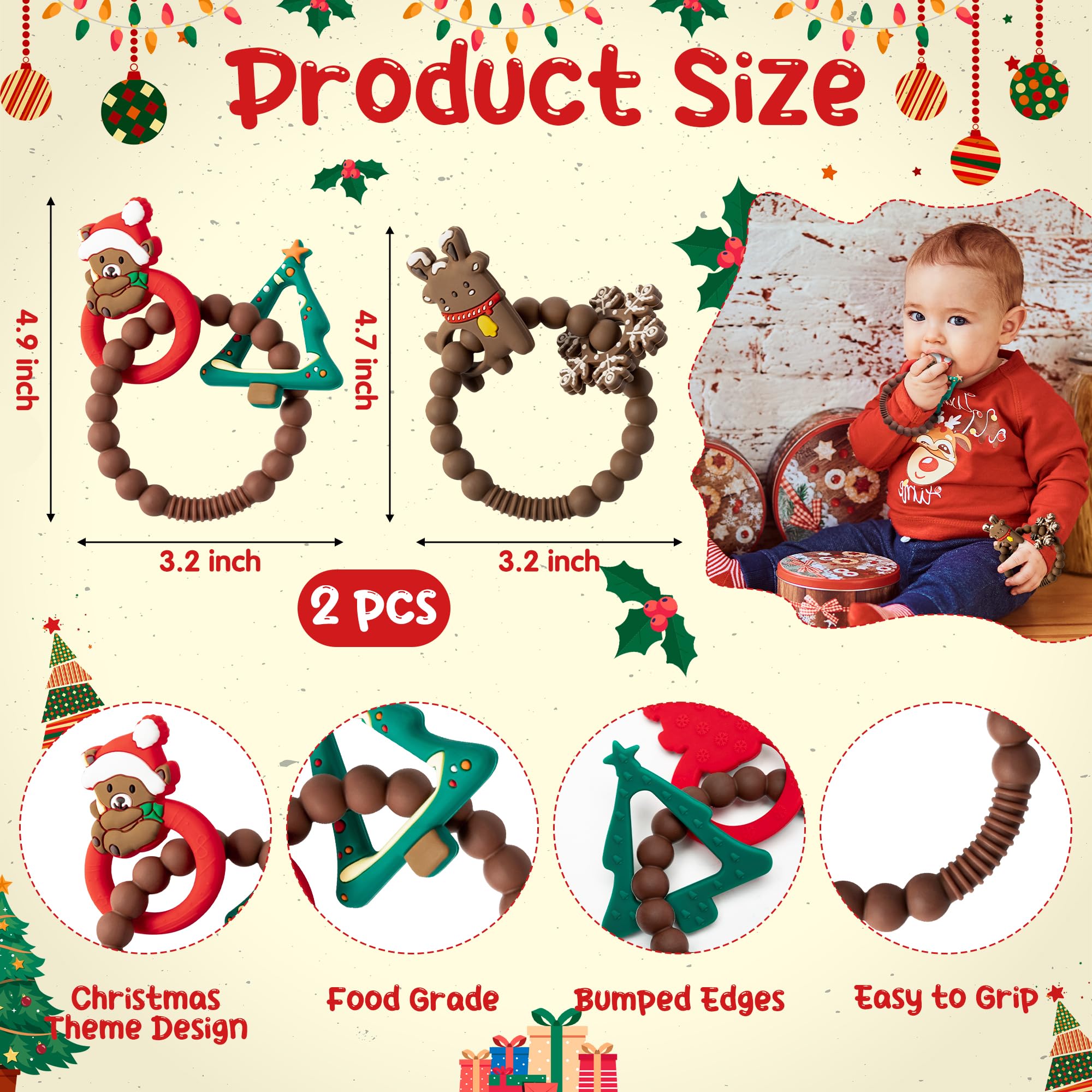 2Pcs Christmas Baby Silicone Teething Toys - Christmas Tree & Bear Teething Rings for Infants, Soft Chew Toys for Toddlers, Holiday Teethers for Boys & Girls | Perfect for Holiday Gifts, Baby Showers & First Christmas Celebrations