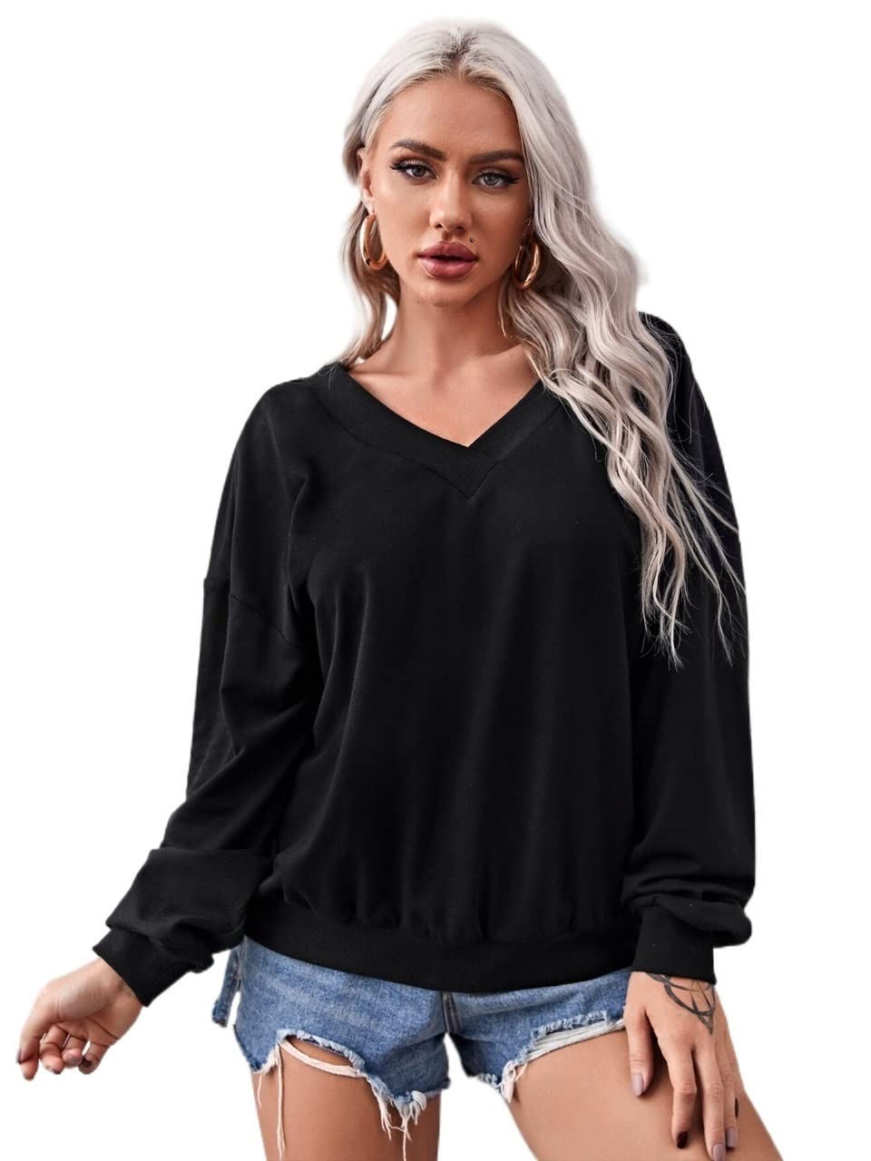 Double-Neck Drop Shoulder Sequin Wing Back Pullover Sweater - Women's Fashion Top for Party, Night Out & Special Occasions