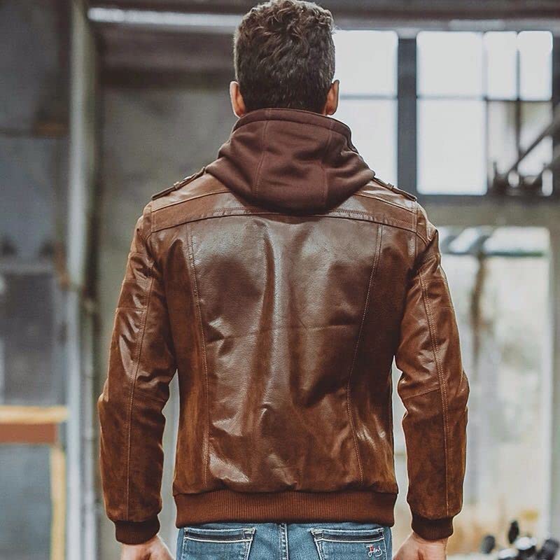 Men's Brown Genuine Leather Motorcycle Jacket with Detachable Hood - Windproof Biker Jacket for Riding, Outdoor Adventures & Casual Wear