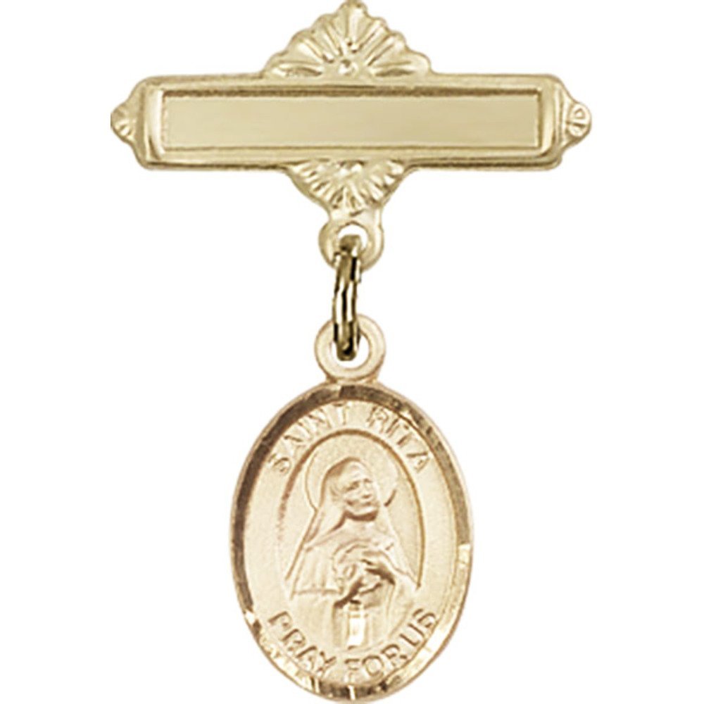 St. Rita of Cascia Gold Filled Baby Badge Charm - 1 X 5/8 Inch Religious Medal with Polished Pin - Perfect for Baptism Gifts, First Communion & Baby Blessings
