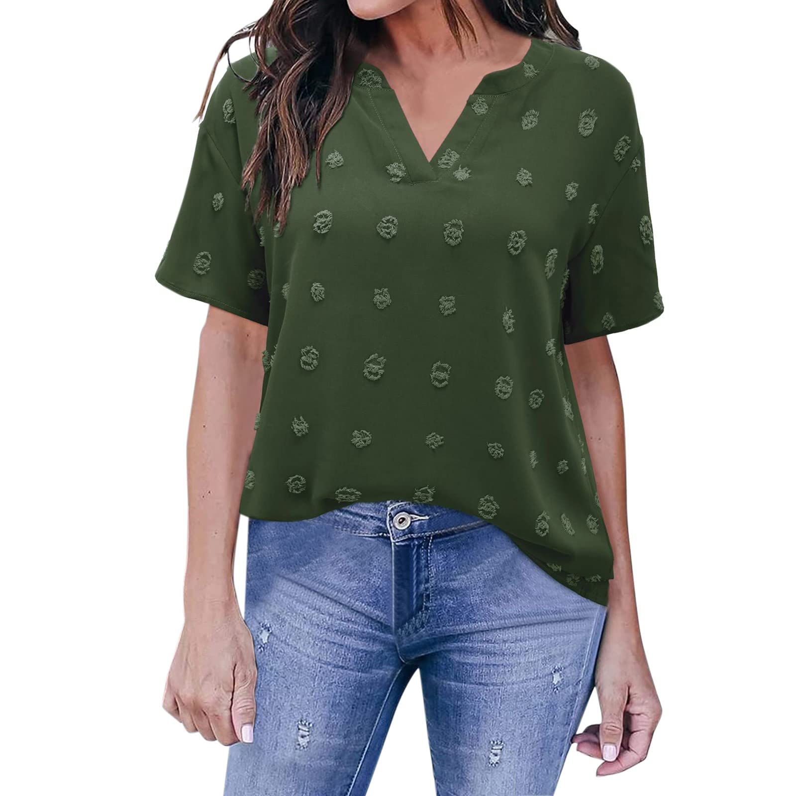 Women's Short Sleeve V-Neck Polka Dot Tunic Tops - Casual Lounge Blouses for Petite & Misses - Perfect for Work, Weekend Outings & Relaxing at Home