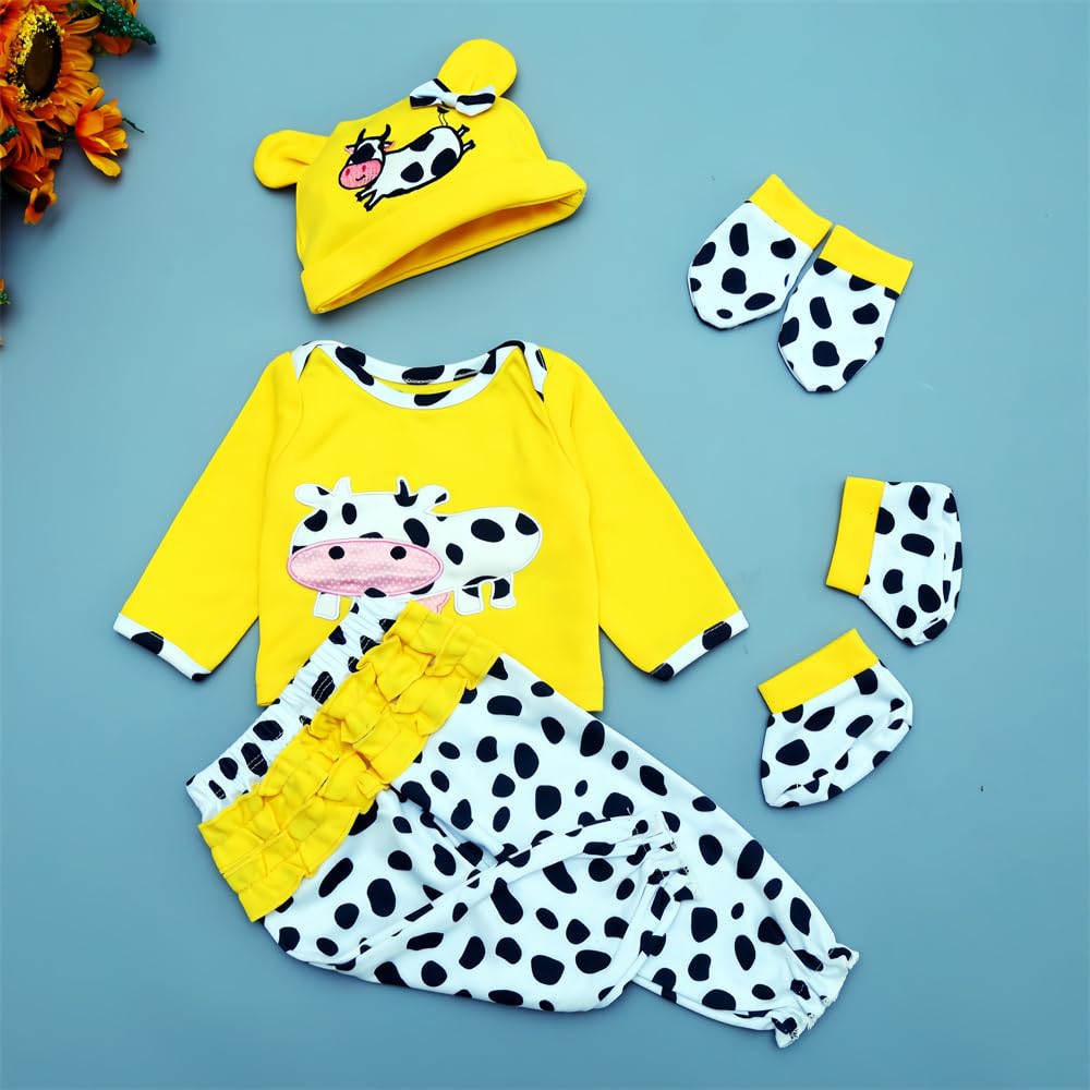 5pcs Yellow Cow Outfit Set for 17-23 Inch Reborn Baby Dolls - Newborn Doll Clothes & Accessories for Boys & Girls | Perfect for Photography, Collecting & Gift Giving