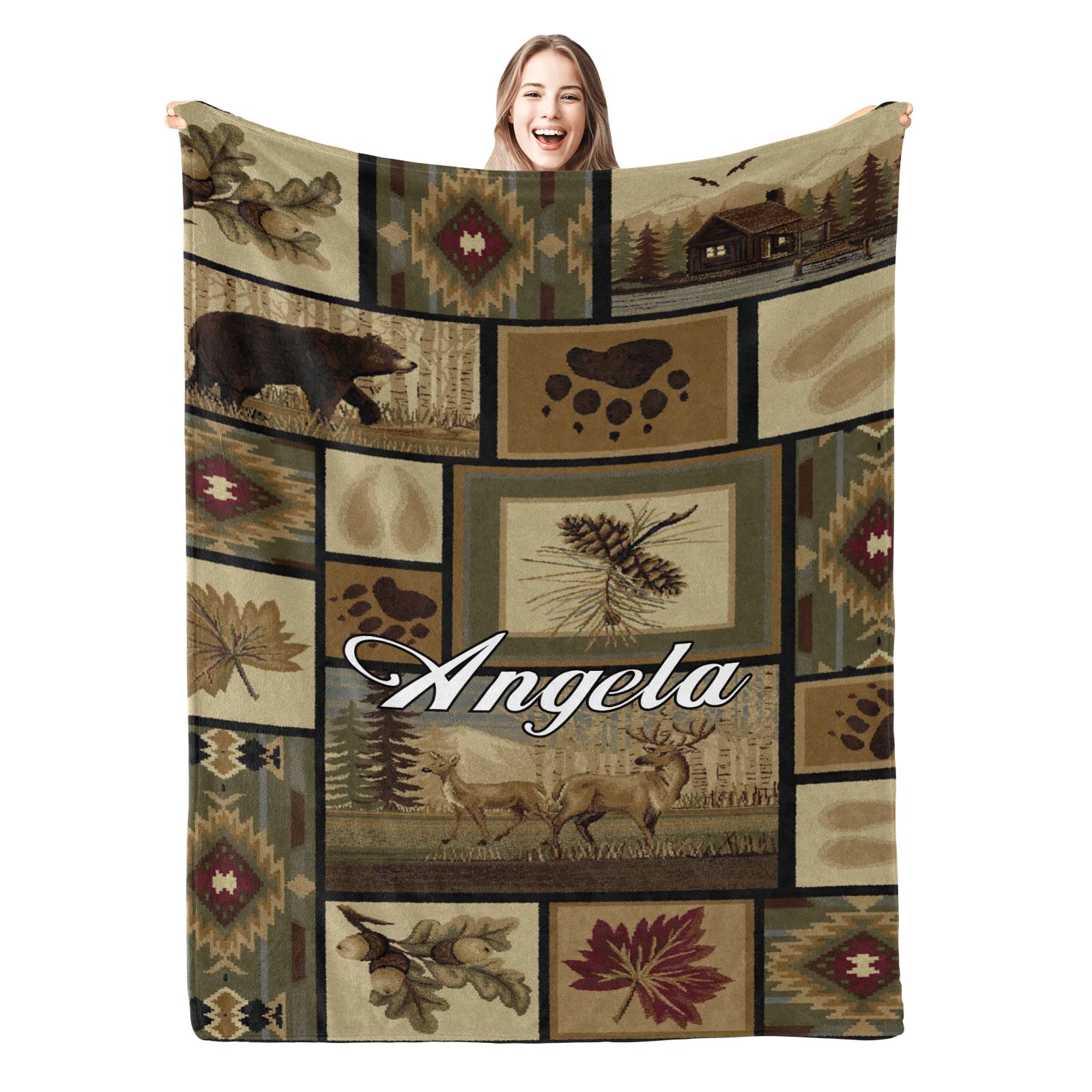 Vintage Pine Needles Bear Personalized Name Soft Fleece Blanket - 50
