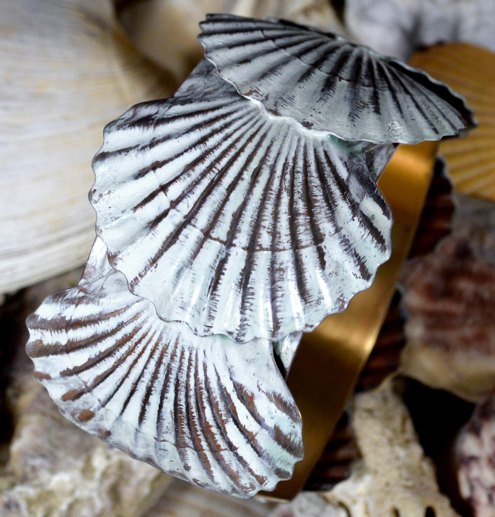 Elaine Coyne Wearable Art White Chocolate Patina Brass Overlapping Scallop Shells Cuff Bracelet - Elegant Boho Jewelry for Women, Beach Wedding Accessories, Gift for Her