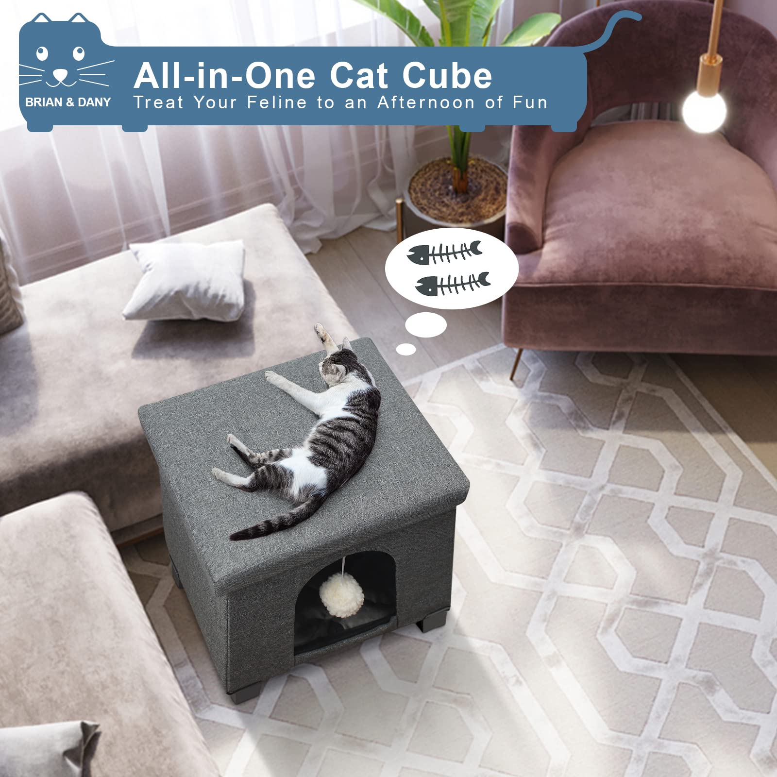 BRIAN & DANY Foldable Cat Bed for Indoor Cats - Large Cat Cube House with Scratch Board & Toy Ball, 14.5