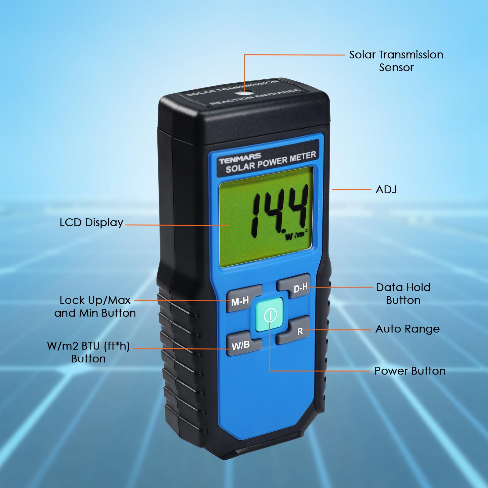 Solar Power Meter - Handheld Digital Solar Irradiance Meter with 2000W/m² & 634BTU/(ft²·h) Range, MAX/MIN/Data Hold - Perfect for Solar Panel Testing, Renewable Energy Research & Sunlight Measurement