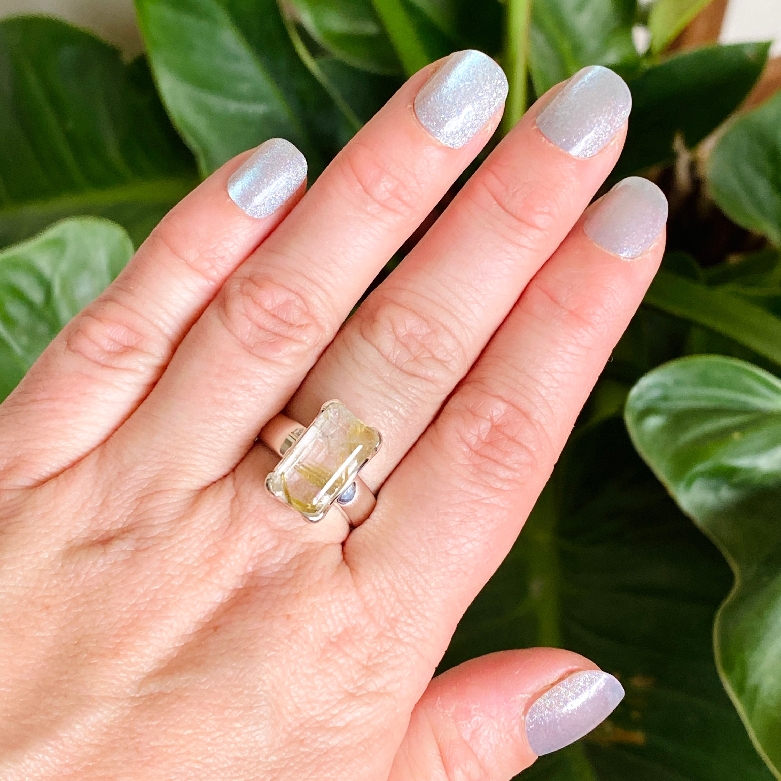 Rutilated Quartz Faceted Rectangular Ring Size 8 - Elegant Gold Jewelry for Women, Perfect for Weddings & Special Occasions
