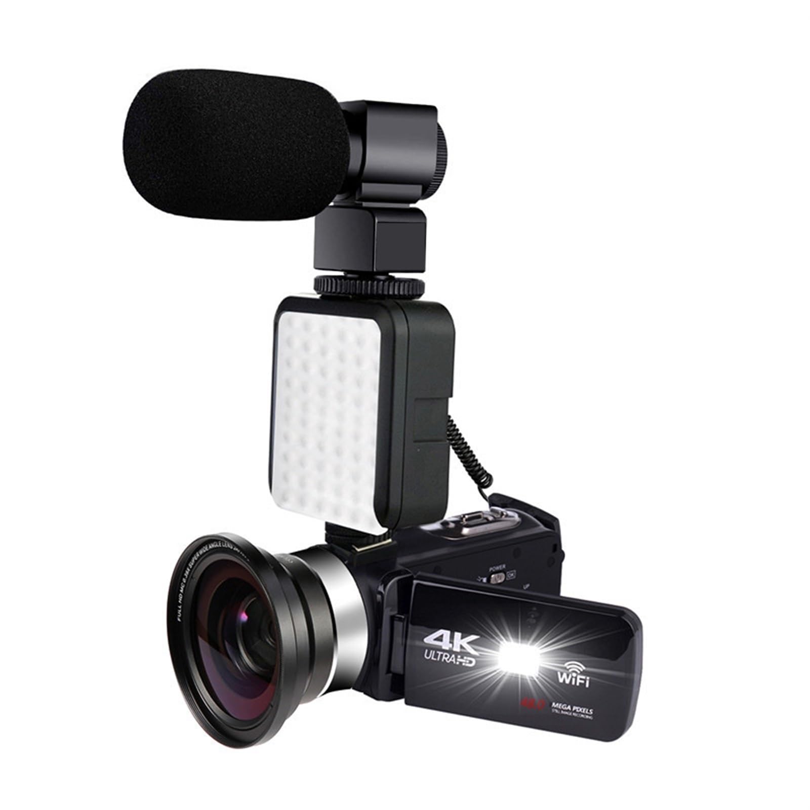 4K HD Night Vision Digital Camcorder with WiFi Live Streaming - 48MP Video Camera with Wide Angle Lens & External Mic for Vlogging, YouTube, Home Security (Black+Light+Mic+Wide Angle Lens) - Perfect for Travel, Events, and Outdoor Adventures
